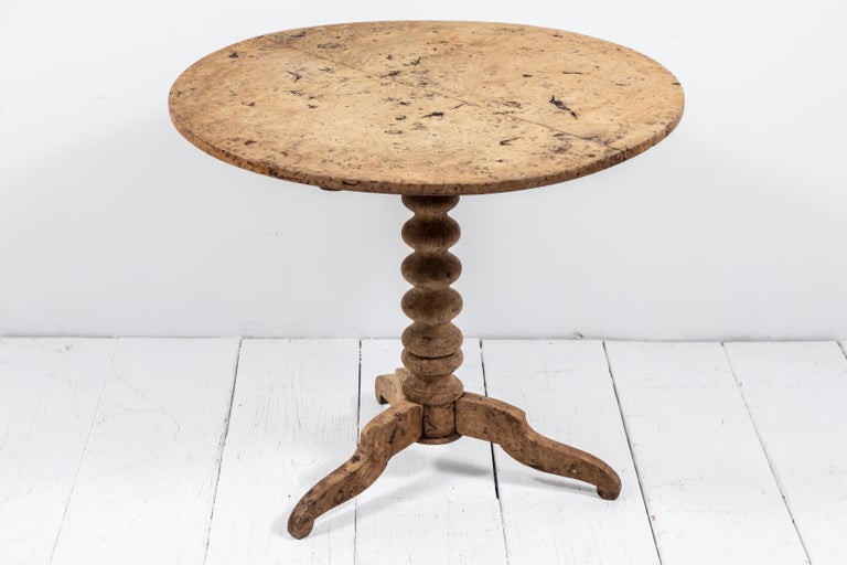 French Natural Burled Wood Table With Turned Pedestal Leg
