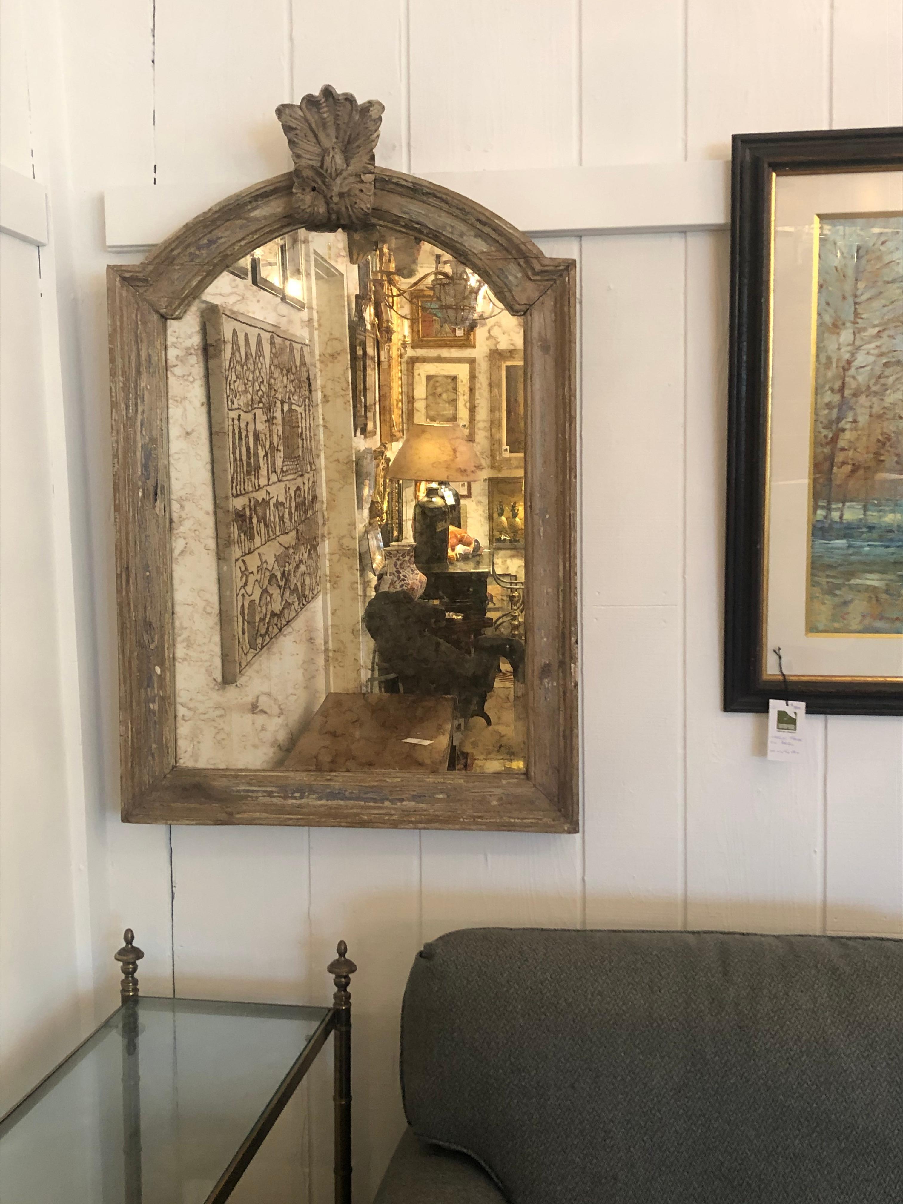 French Natural Carved Wood Aged Mirror For Sale 1