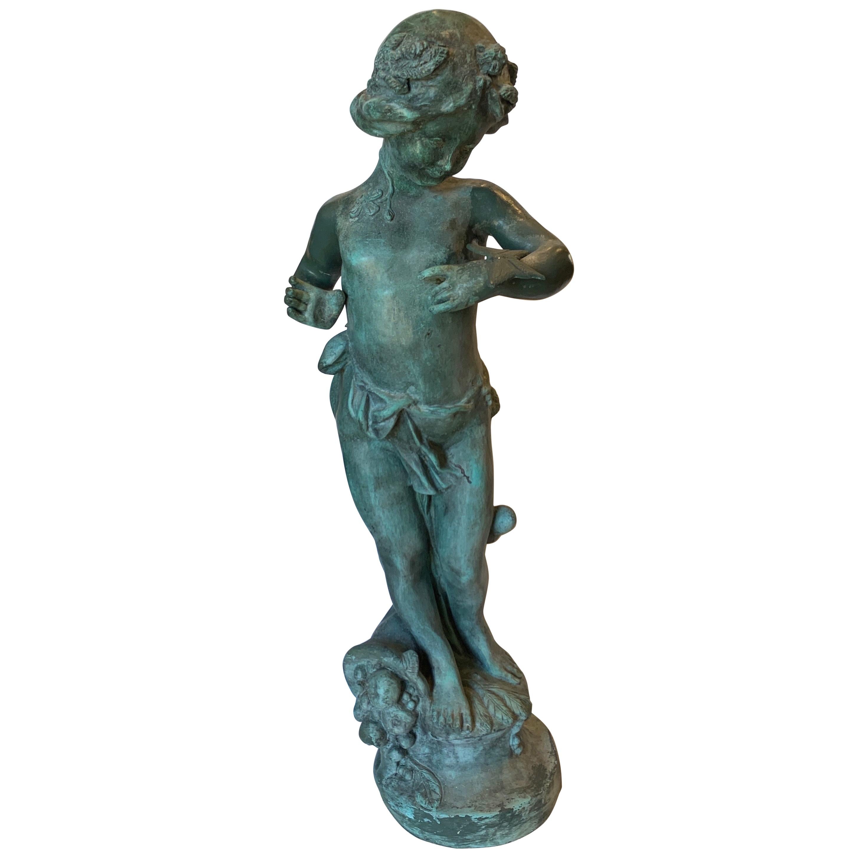 French Natural Patina Lead Garden Figure of a Girl with Butterfly