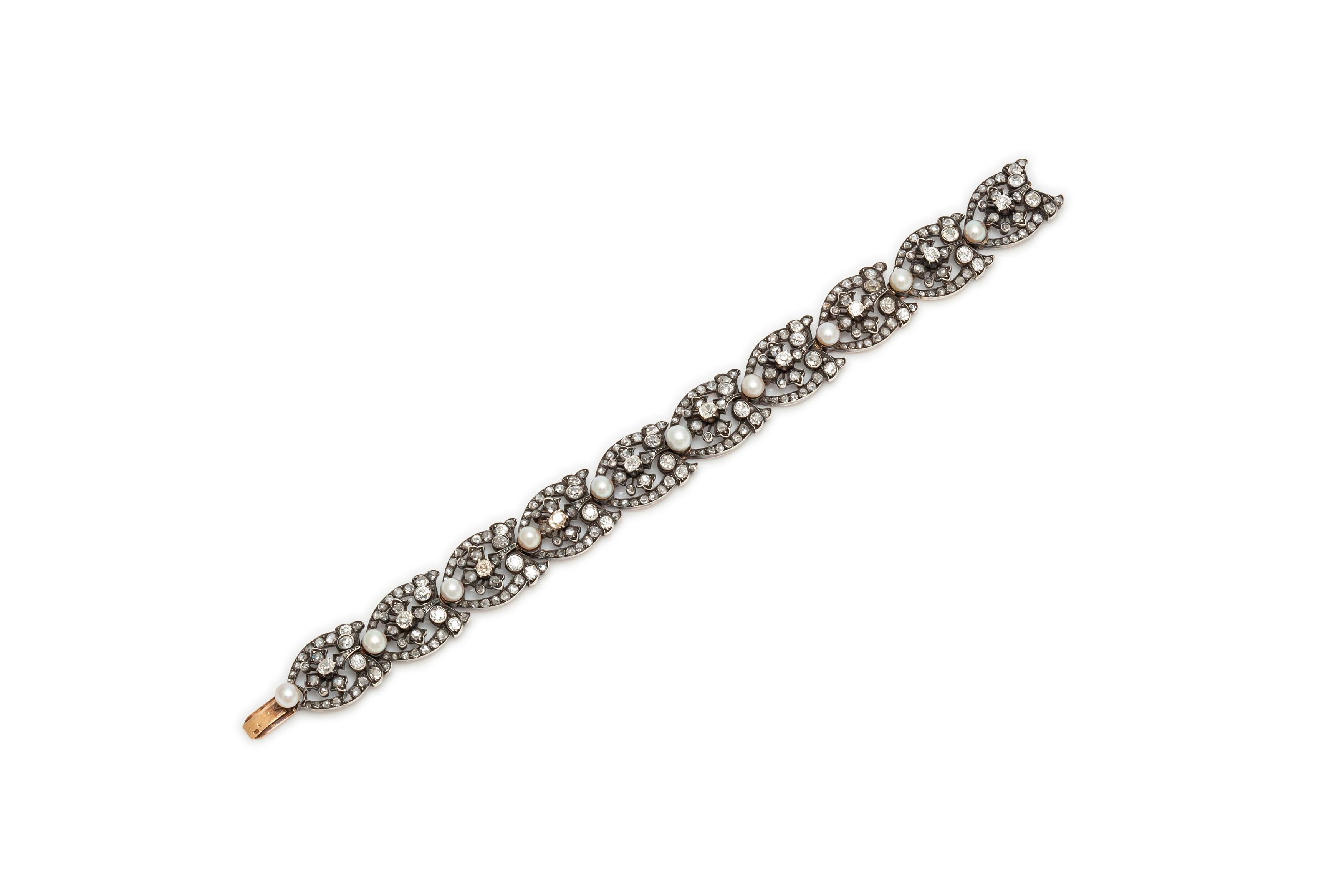 Women's or Men's French Natural Pearl Diamond Bracelet For Sale