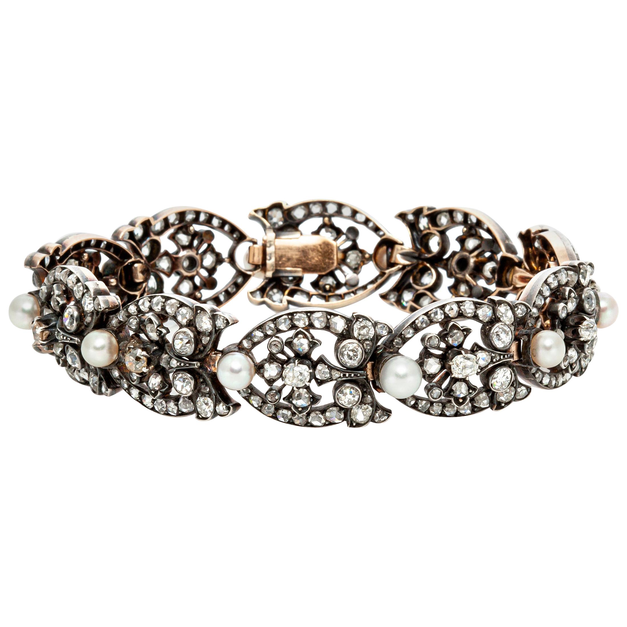 French Natural Pearl Diamond Bracelet For Sale
