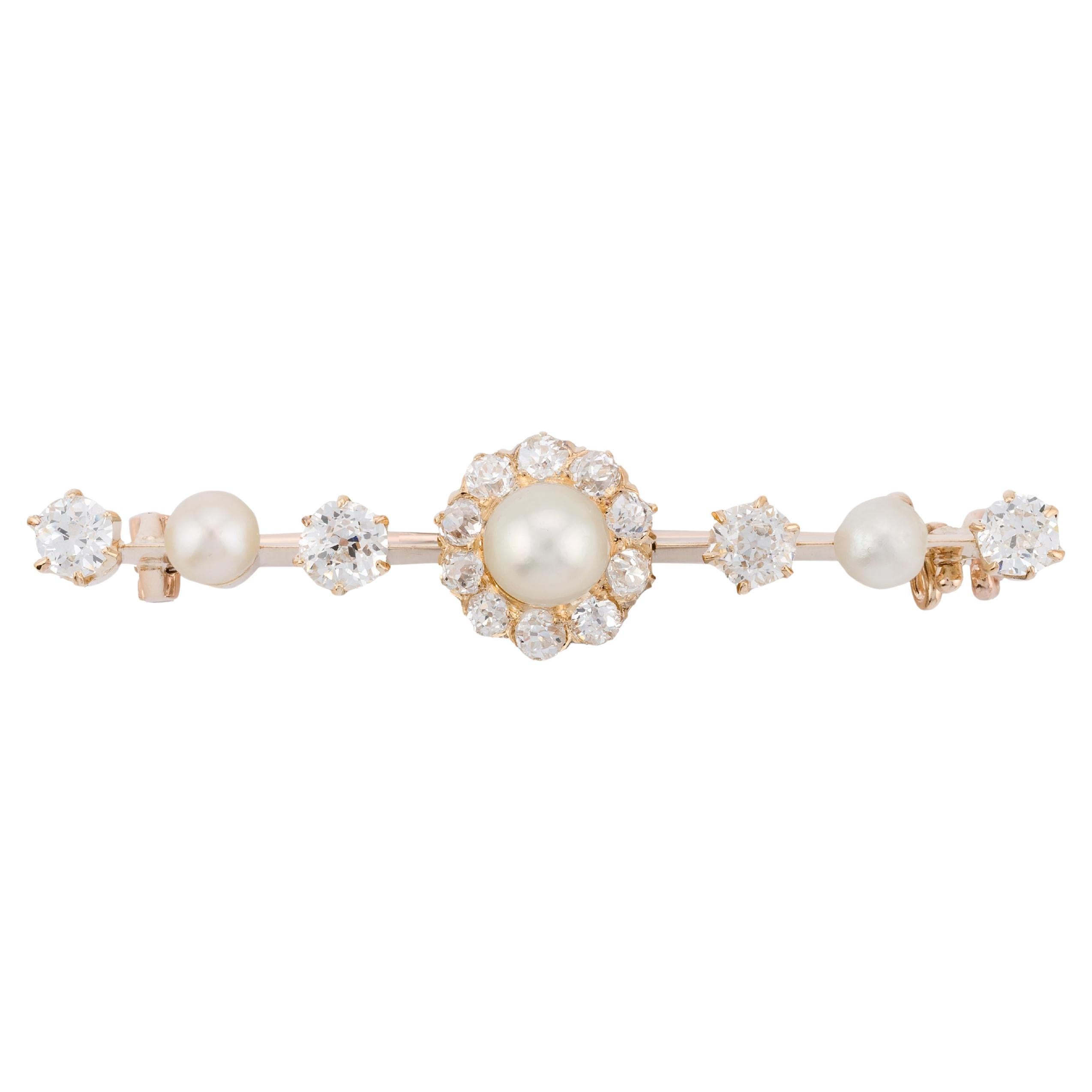 French Natural Pearl & Mine Cut Diamond Victorian Brooch in 18K Yellow Gold
