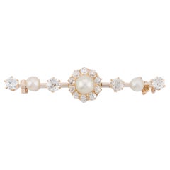 Broche Victoriano Francés de Perlas Naturales y Diamantes talla Mina en Oro Amarillo de 18 K