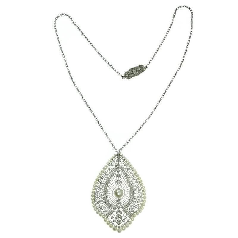 Edwardian French Natural Pearls & 3.00 Carat Diamond 18 Karat White Gold Pendant Necklace For Sale