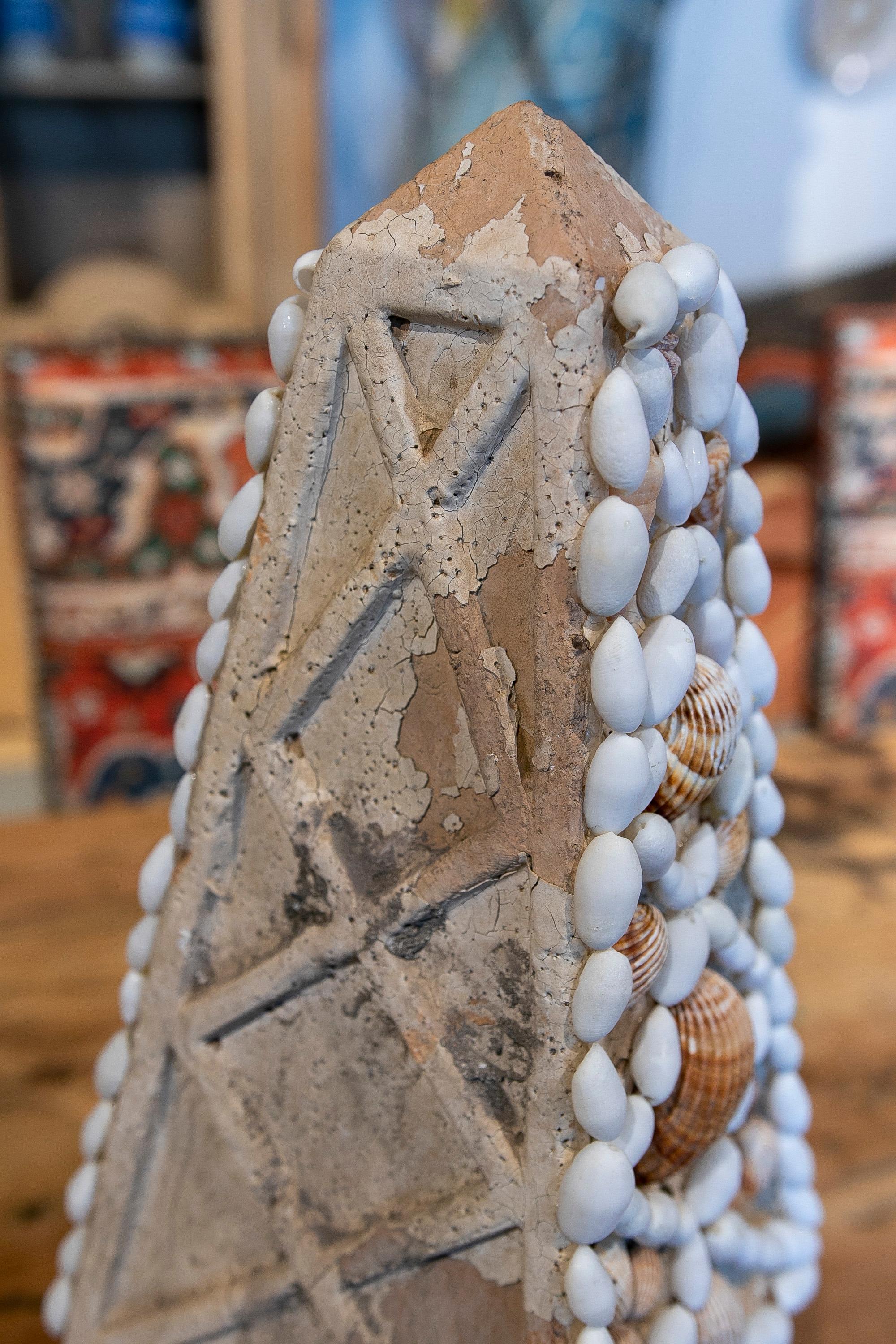 French Natural Terracotta Obelisk Decorated with Seashells 8