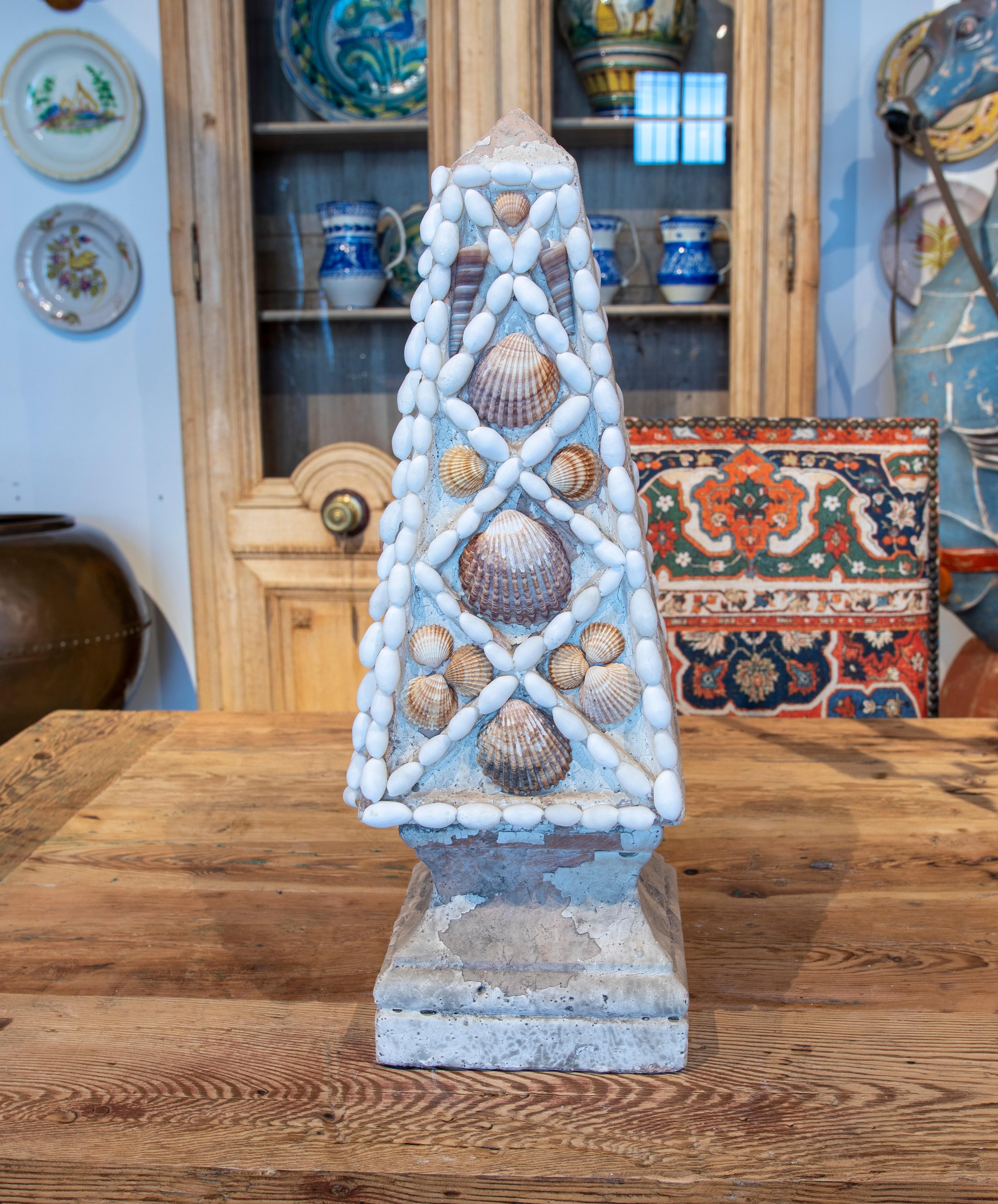 20th Century French Natural Terracotta Obelisk Decorated with Seashells