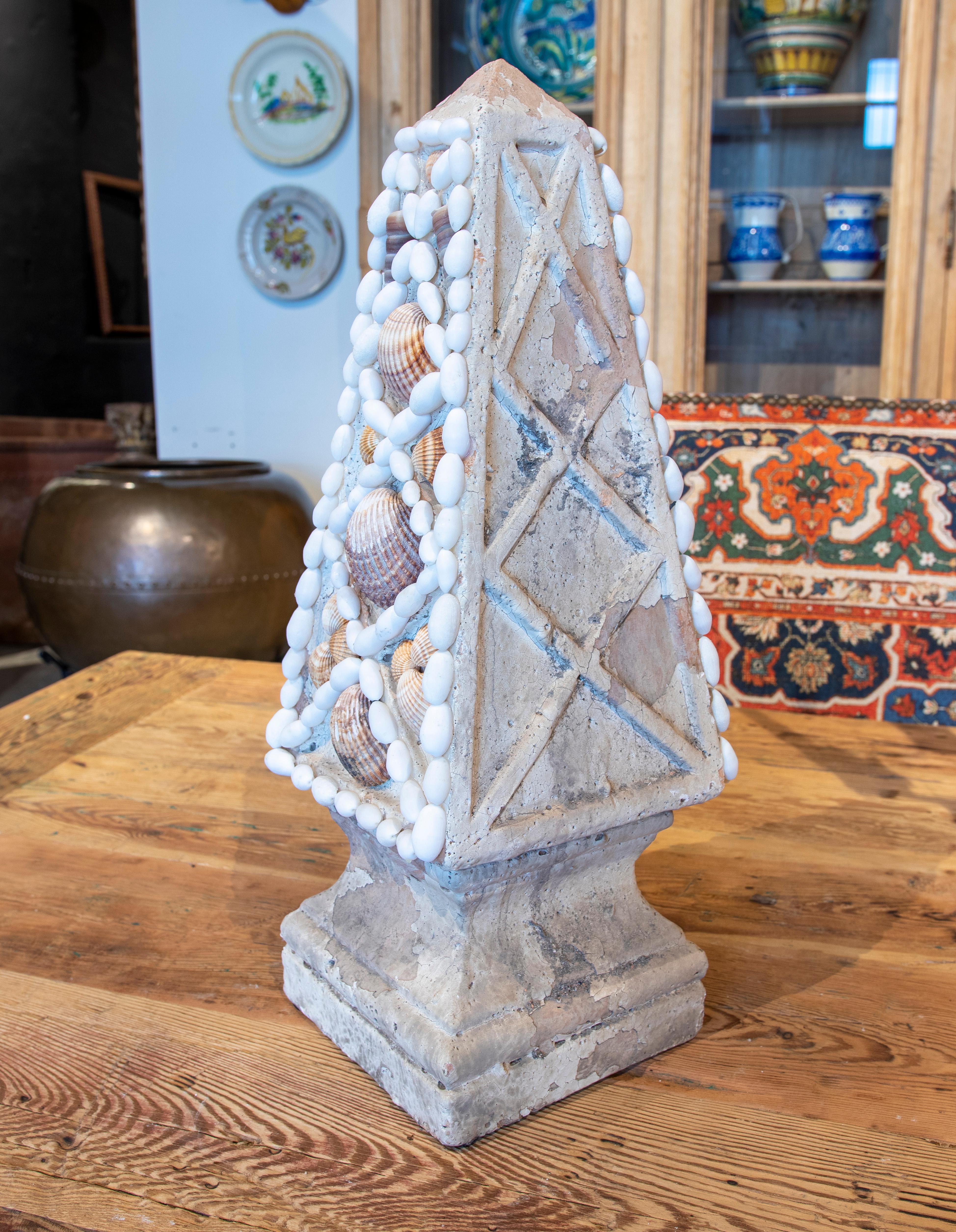 Shell French Natural Terracotta Obelisk Decorated with Seashells