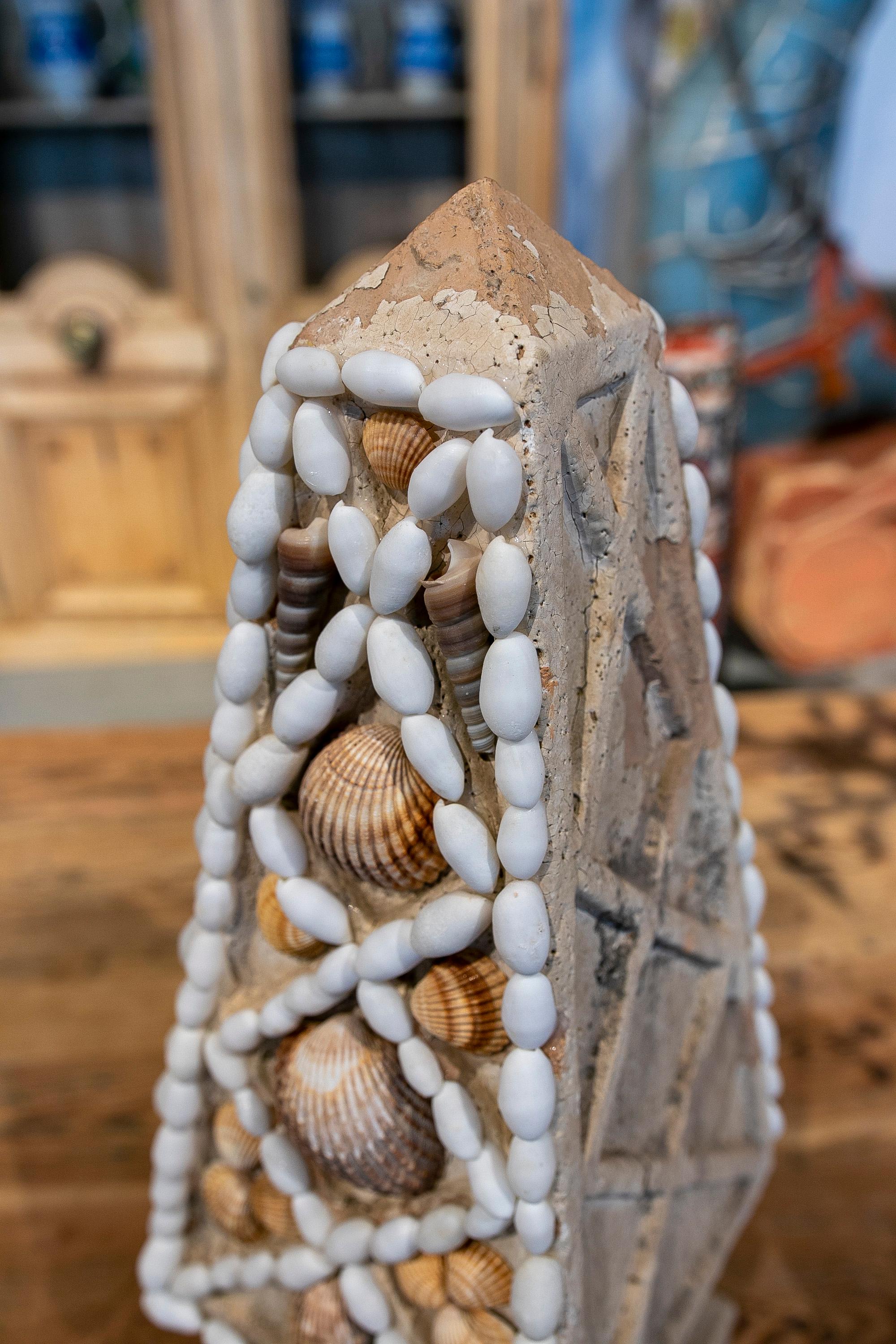 French Natural Terracotta Obelisk Decorated with Seashells 1