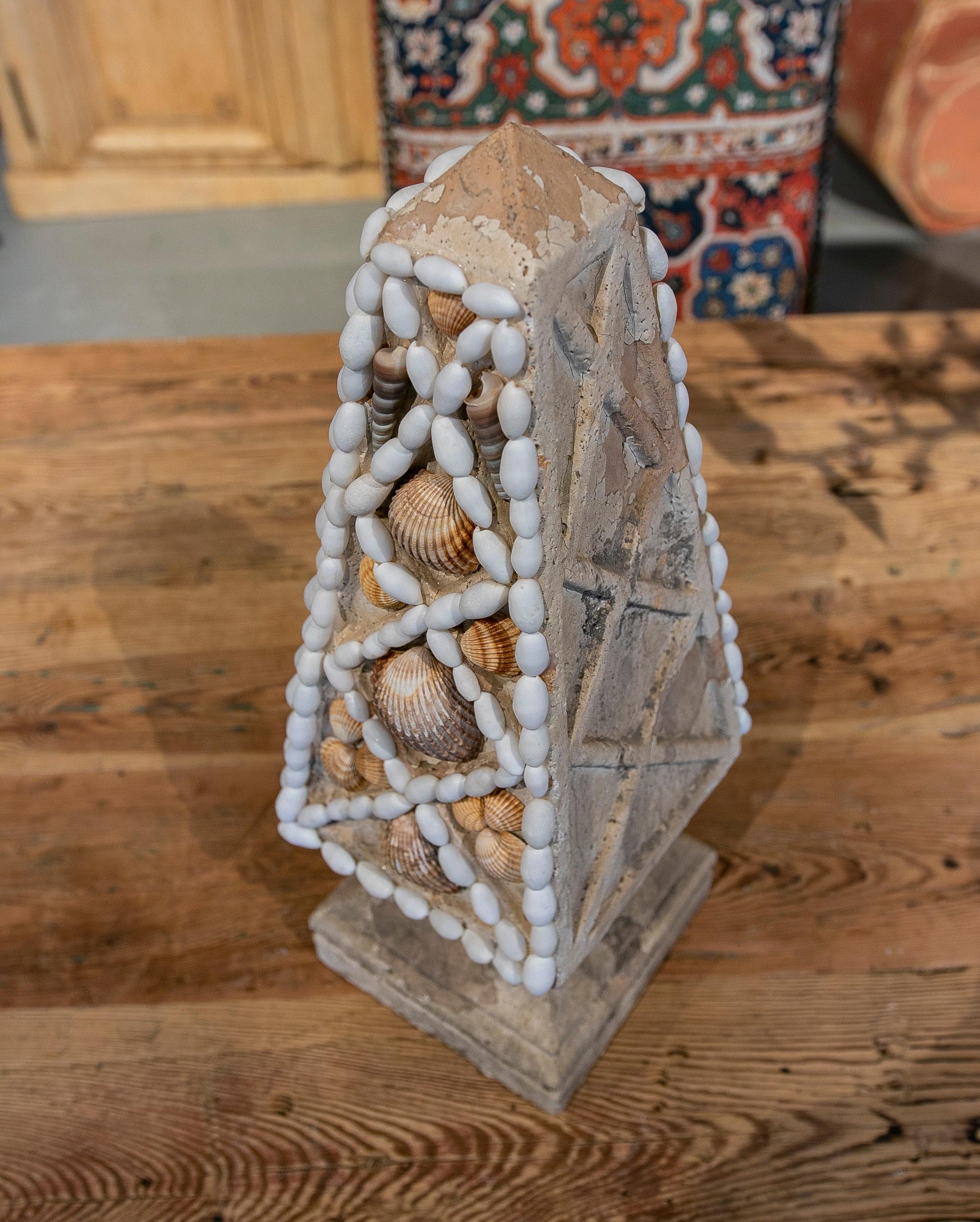 French Natural Terracotta Obelisk Decorated with Seashells 3