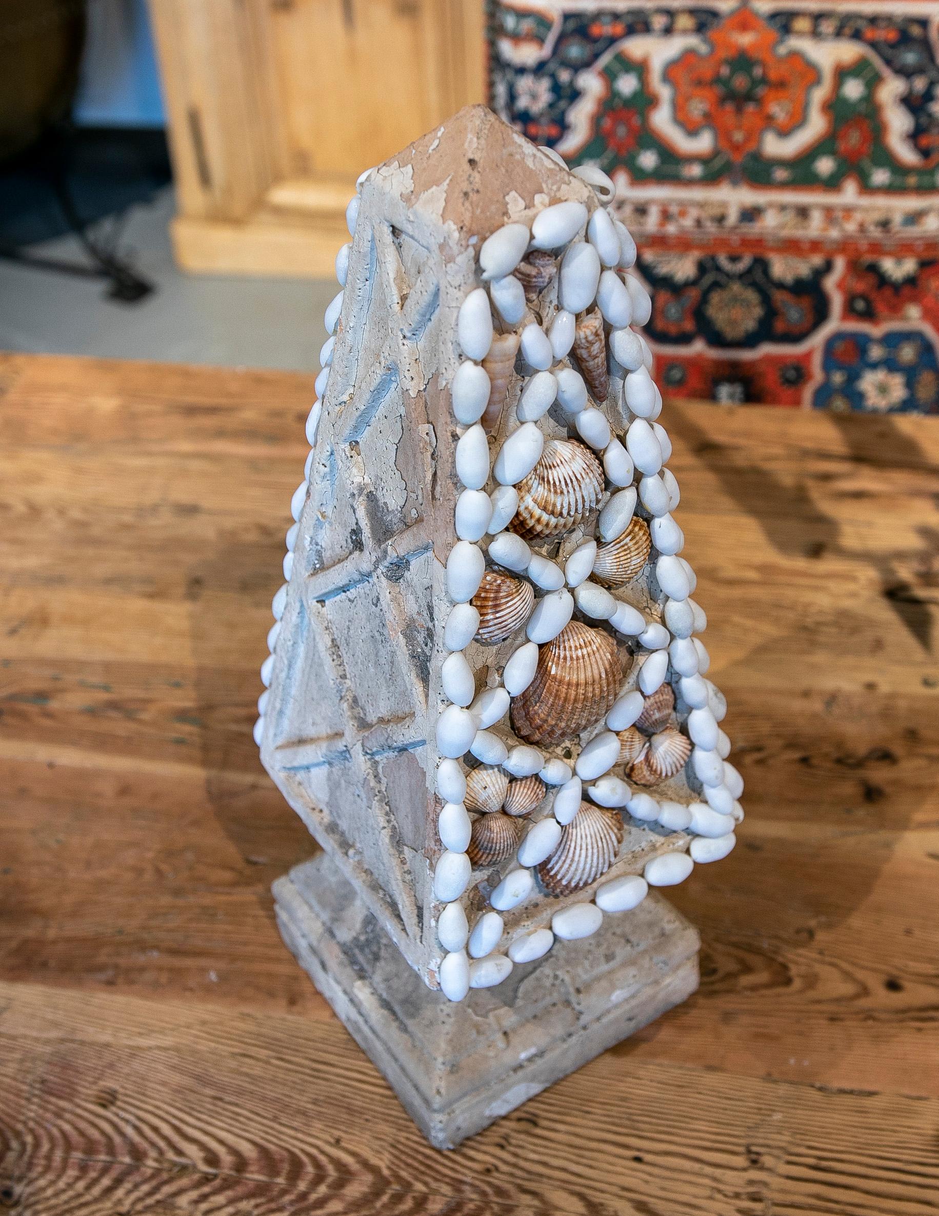 French Natural Terracotta Obelisk Decorated with Seashells 4
