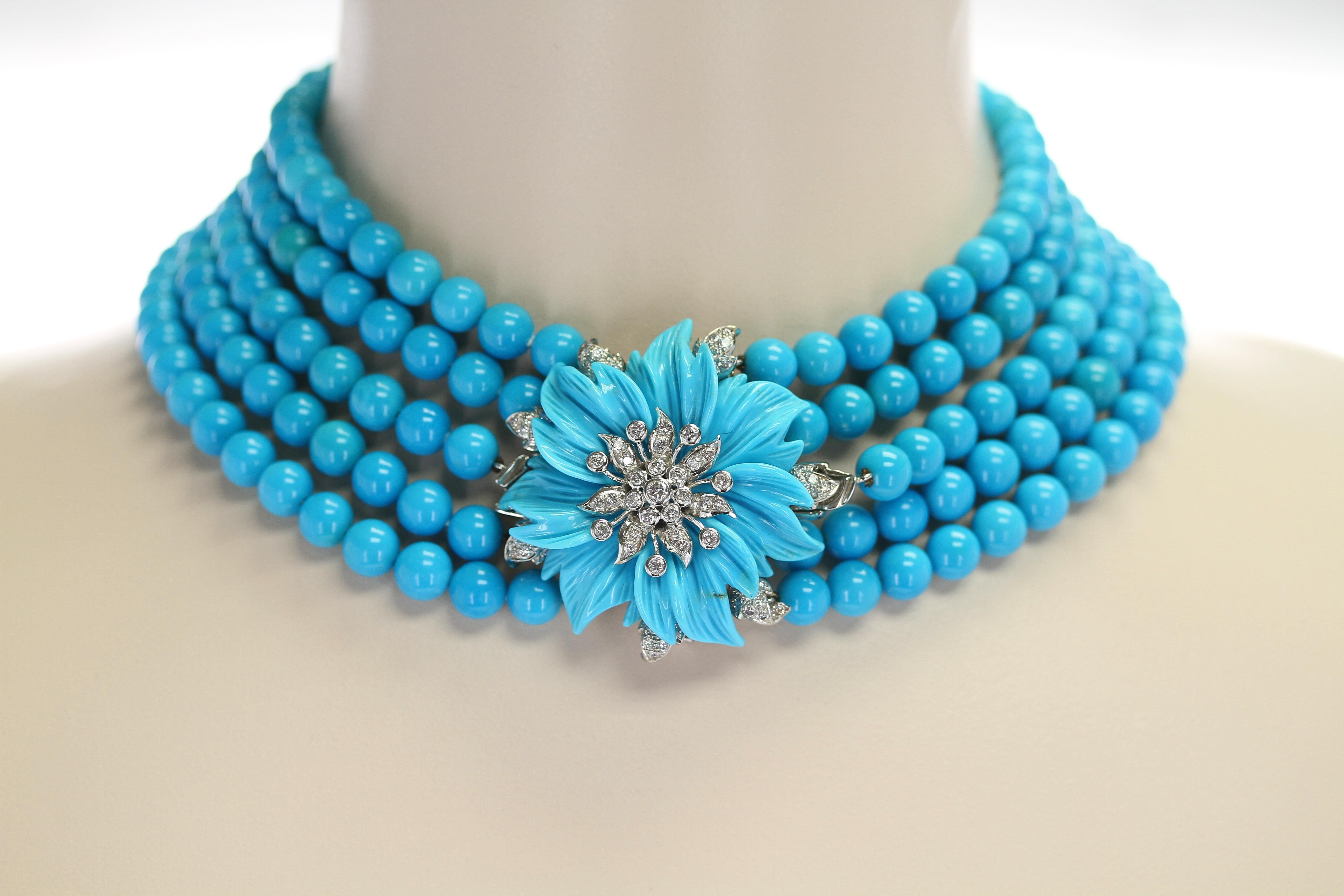 Bead French Genuine Turquoise and Diamond White Gold Choker Necklace and Brooch