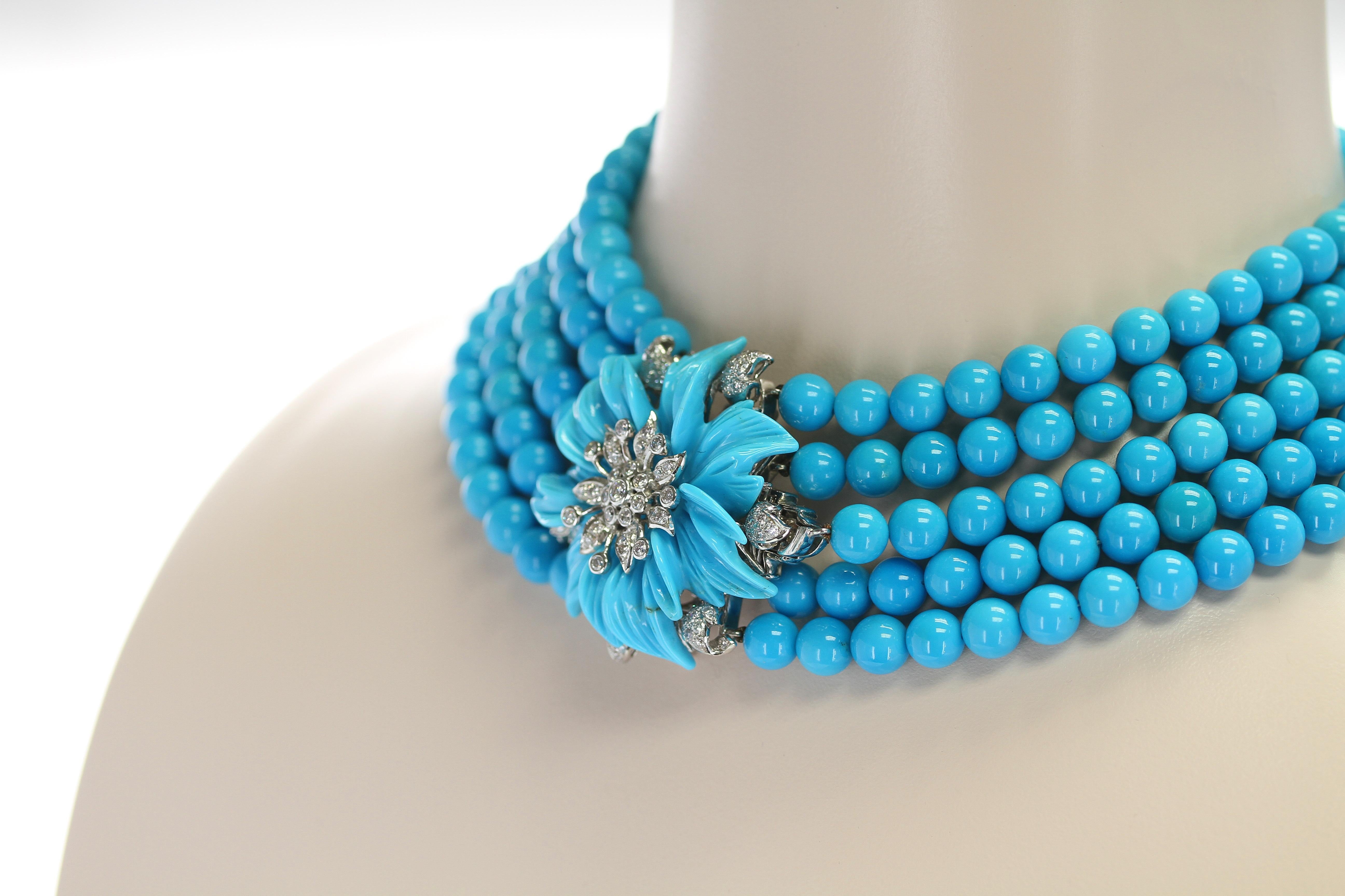 French Genuine Turquoise and Diamond White Gold Choker Necklace and Brooch In Good Condition In New York, NY