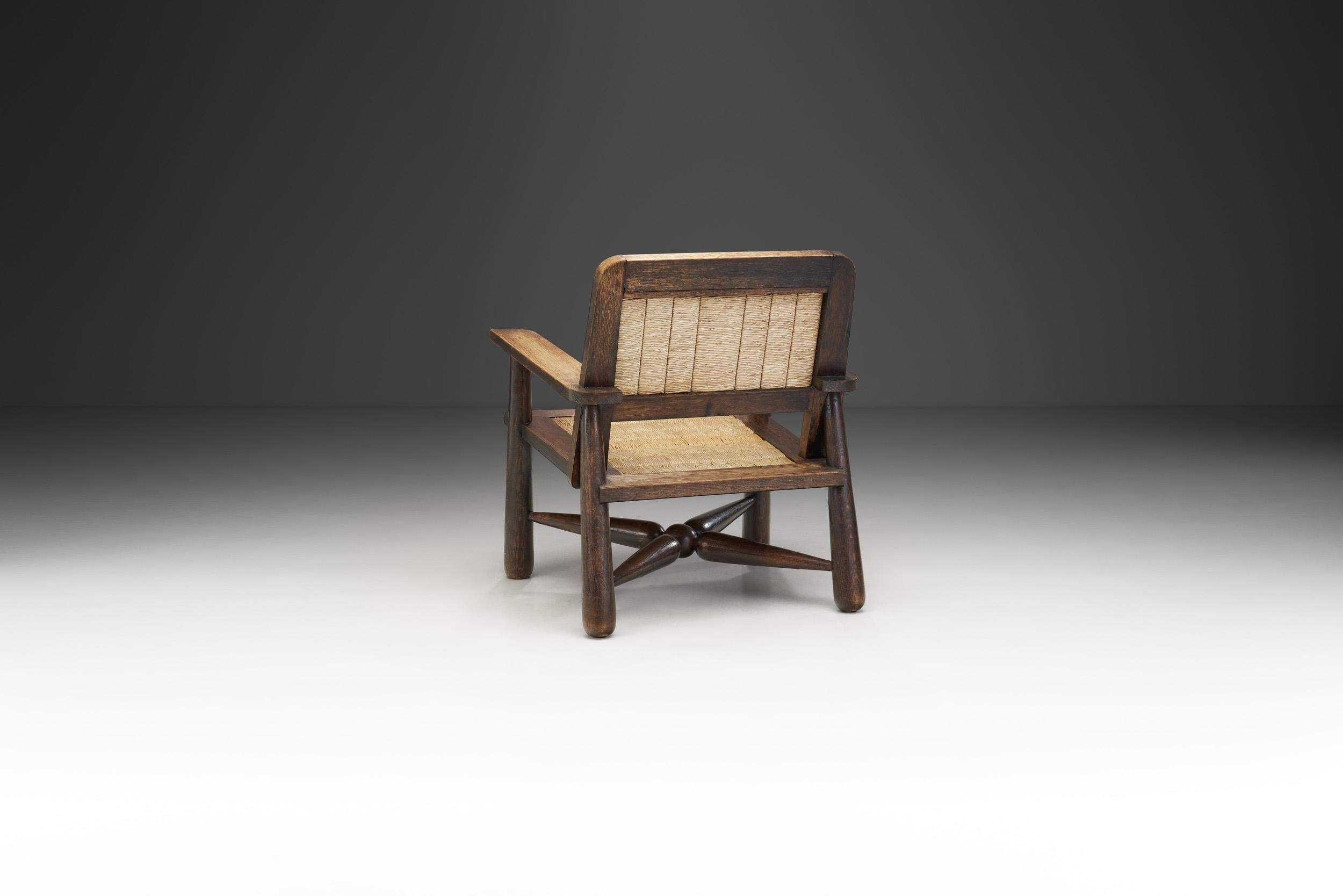 French Natural Wood and Woven Rope Armchair, France, 1950s In Good Condition For Sale In Utrecht, NL