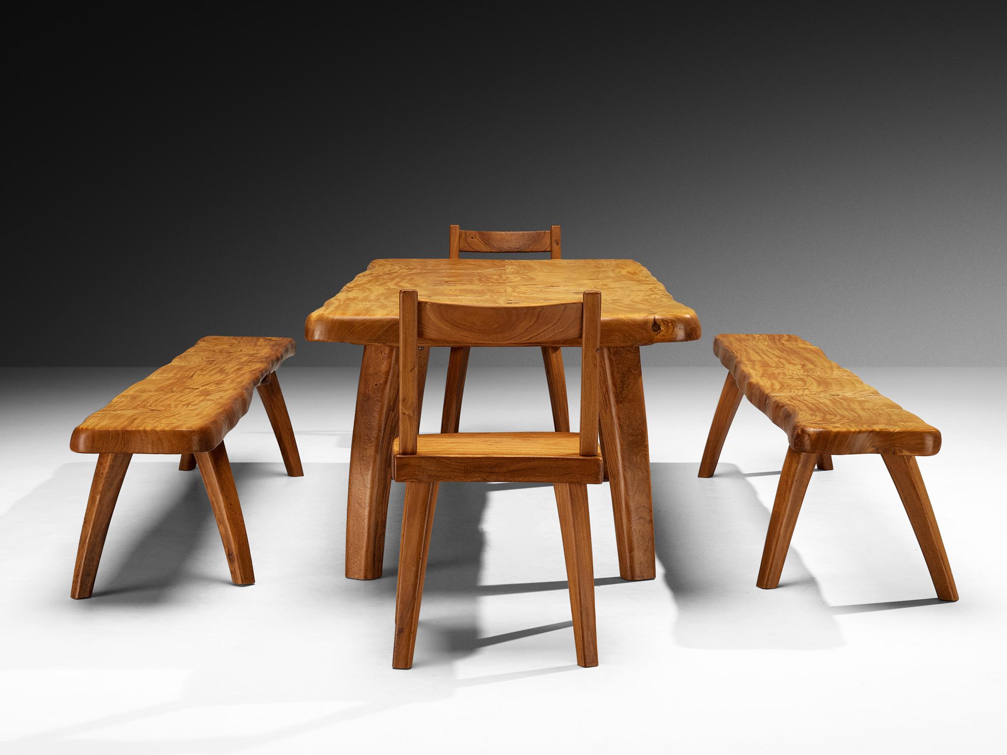 Français Ensemble de salle à manger naturaliste en orme massif