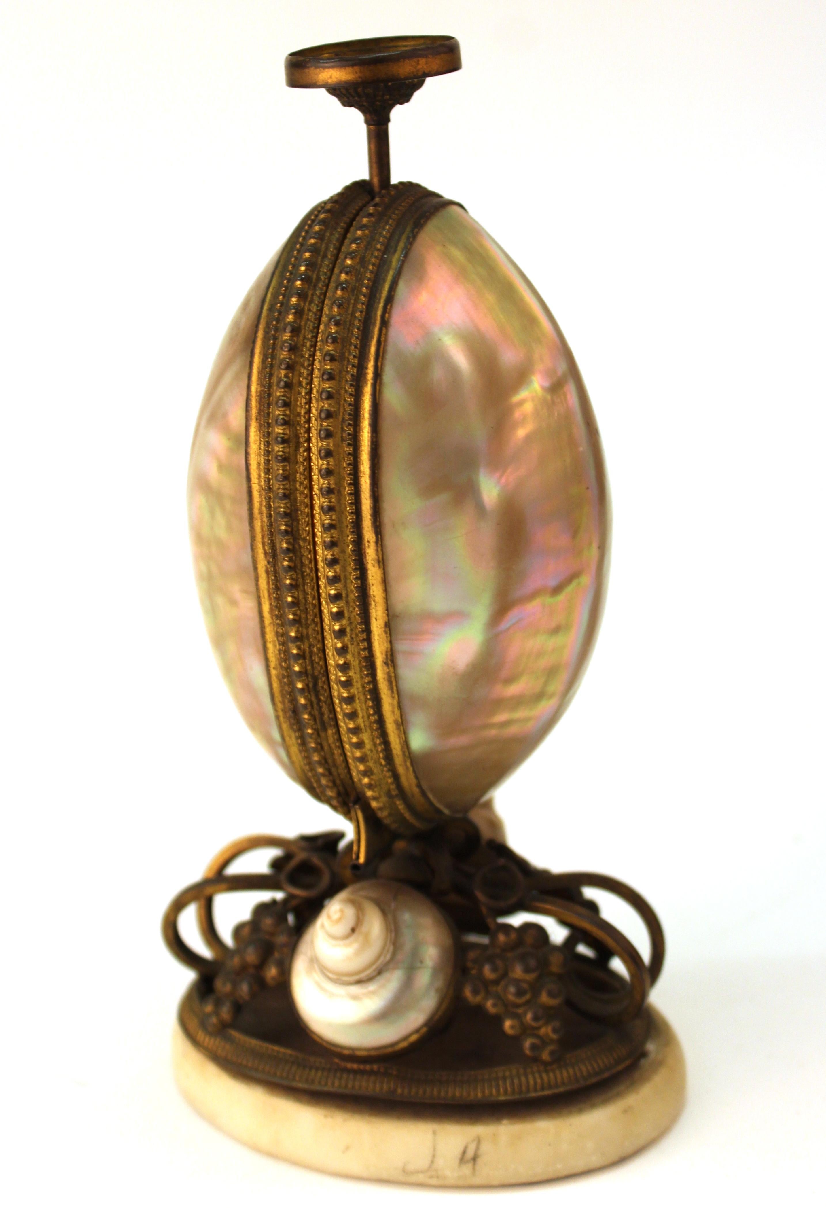 19th Century French Nautilus Shell and Ormolu Gilt Metal Mounted Egg-Shaped Mechanical Holder