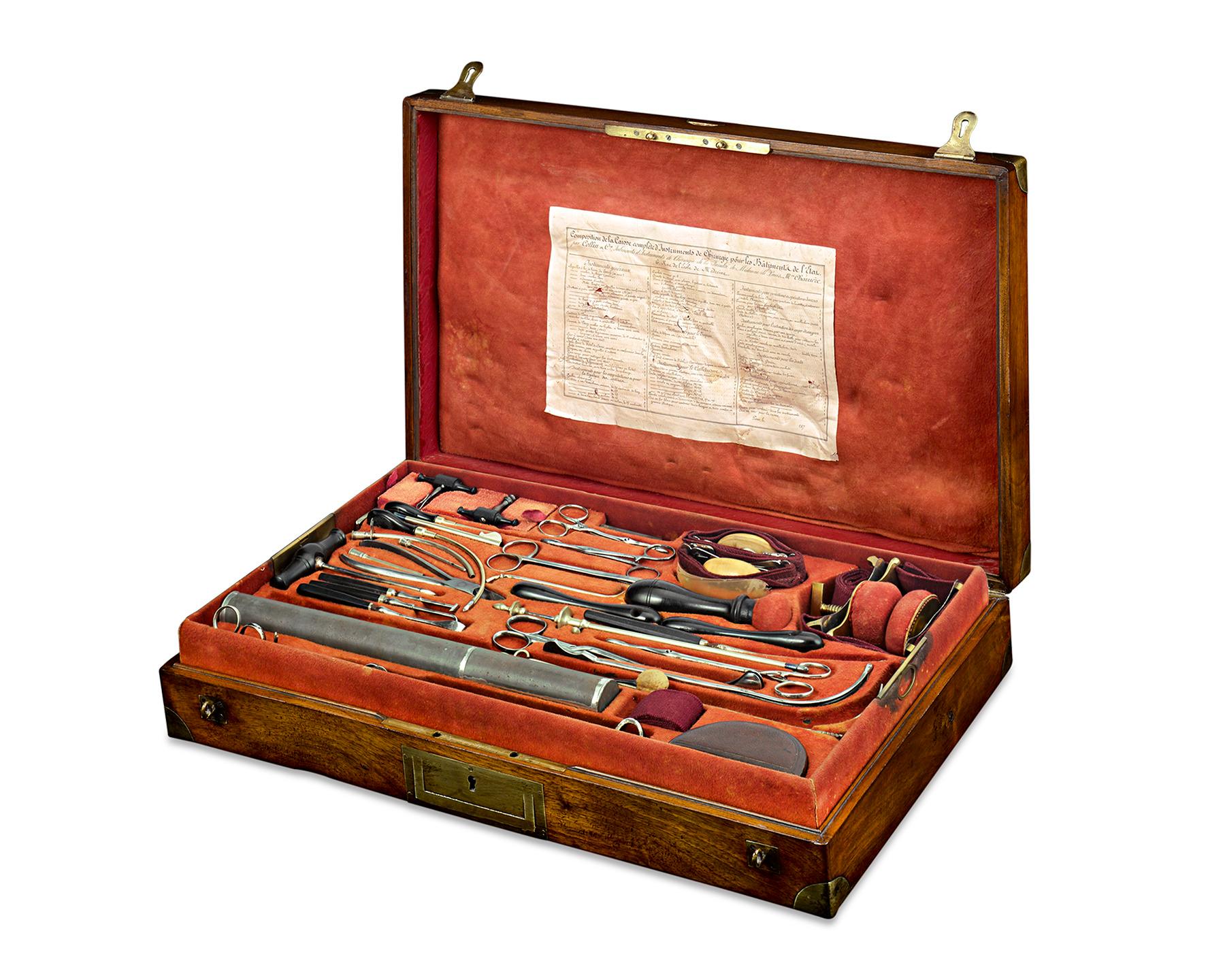 This highly important 19th century French naval surgeon’s kit by the famed manufacturer Charriere, Collin & Cie. includes all the instruments needed to conduct any and every known medical procedure necessary at sea. The complete set contains over