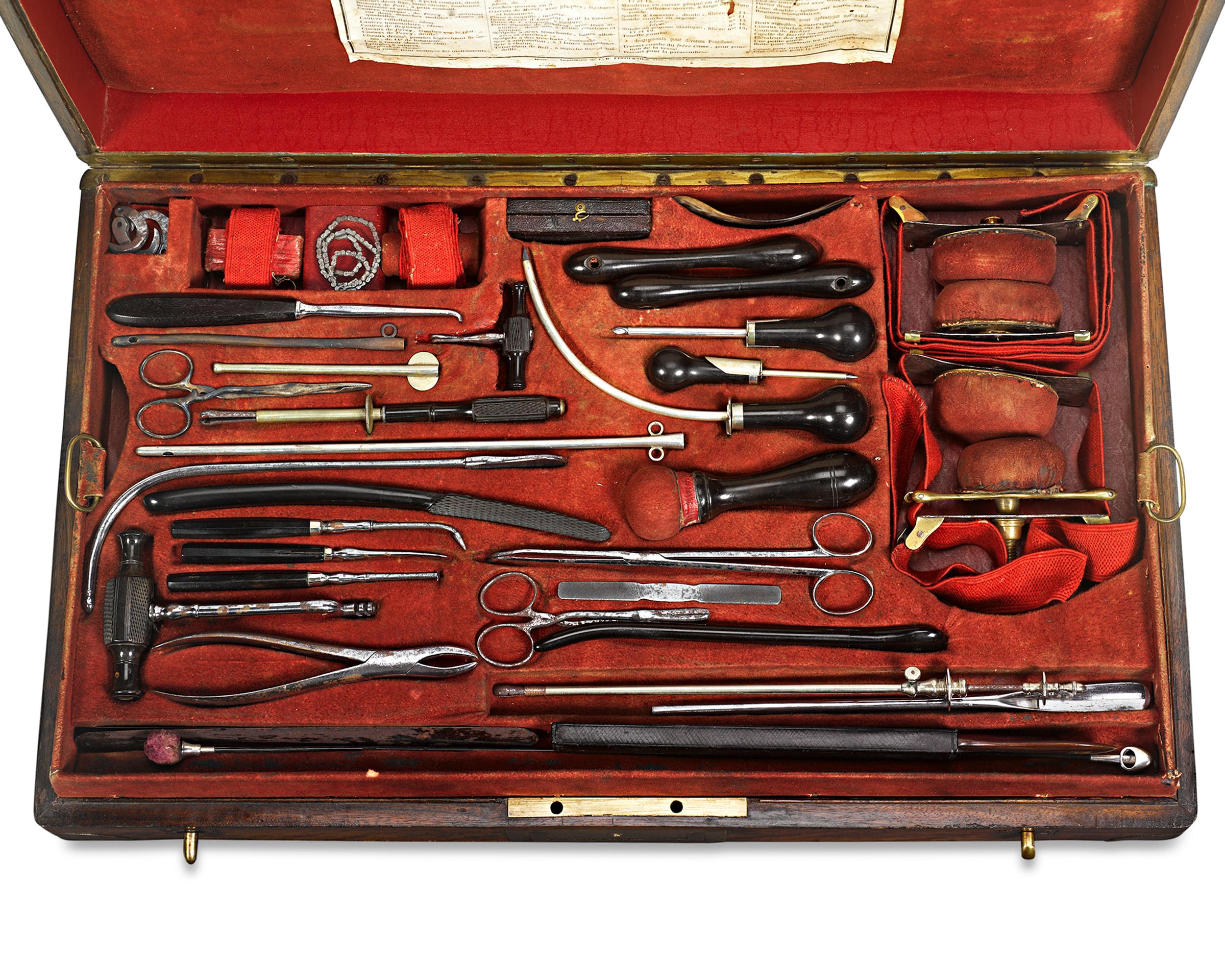 This highly important 19th-century French naval surgeon’s kit includes the instruments needed to conduct any and every known medical procedure necessary at sea. The set contains a multitude of instruments for performing a wide variety of procedures,