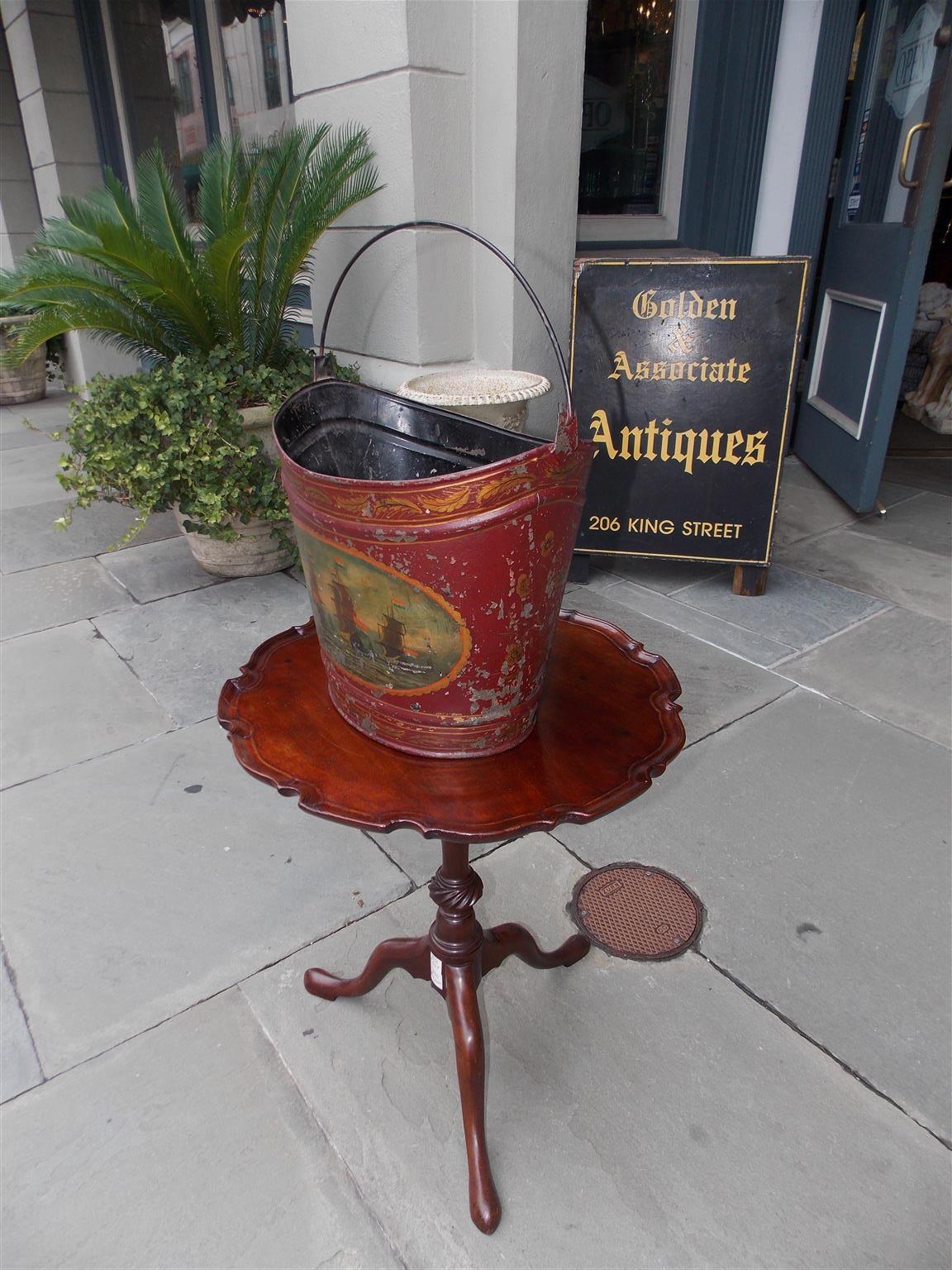 Gilt French Navette Form Tole Fuel Bucket with Foliage and Nautical Scenes Circa 1830