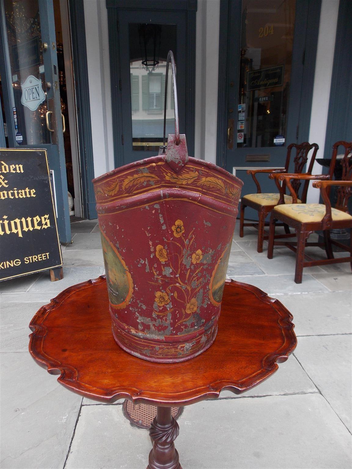 Metal French Navette Form Tole Fuel Bucket with Foliage and Nautical Scenes Circa 1830