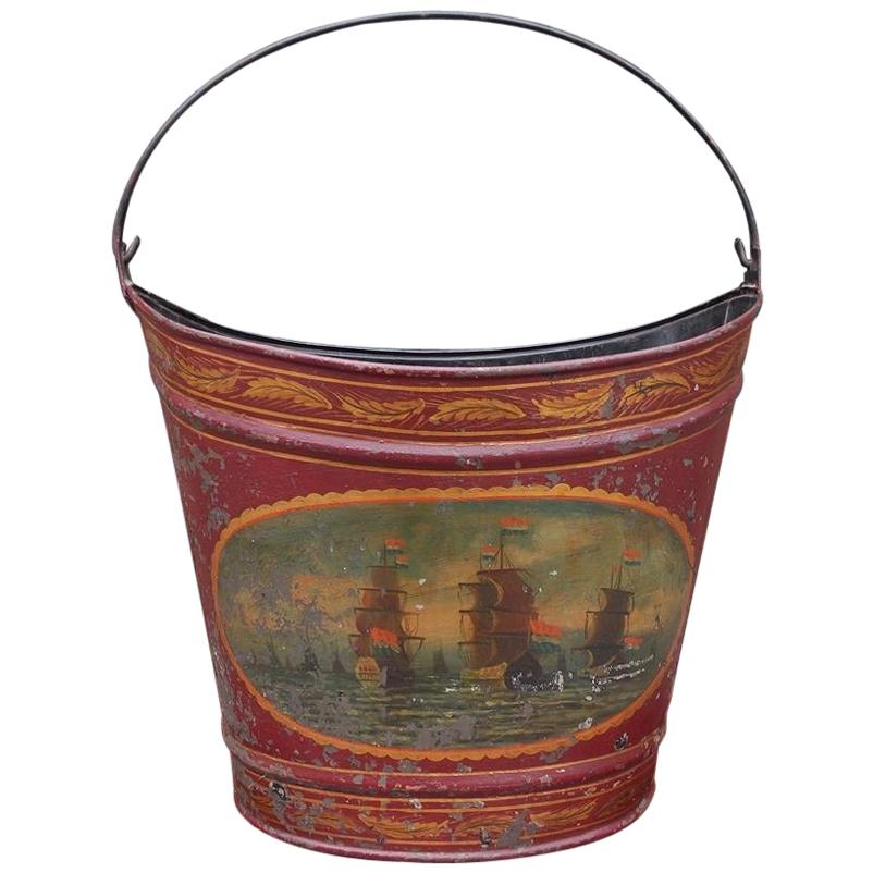 French Navette Form Tole Fuel Bucket with Foliage and Nautical Scenes Circa 1830