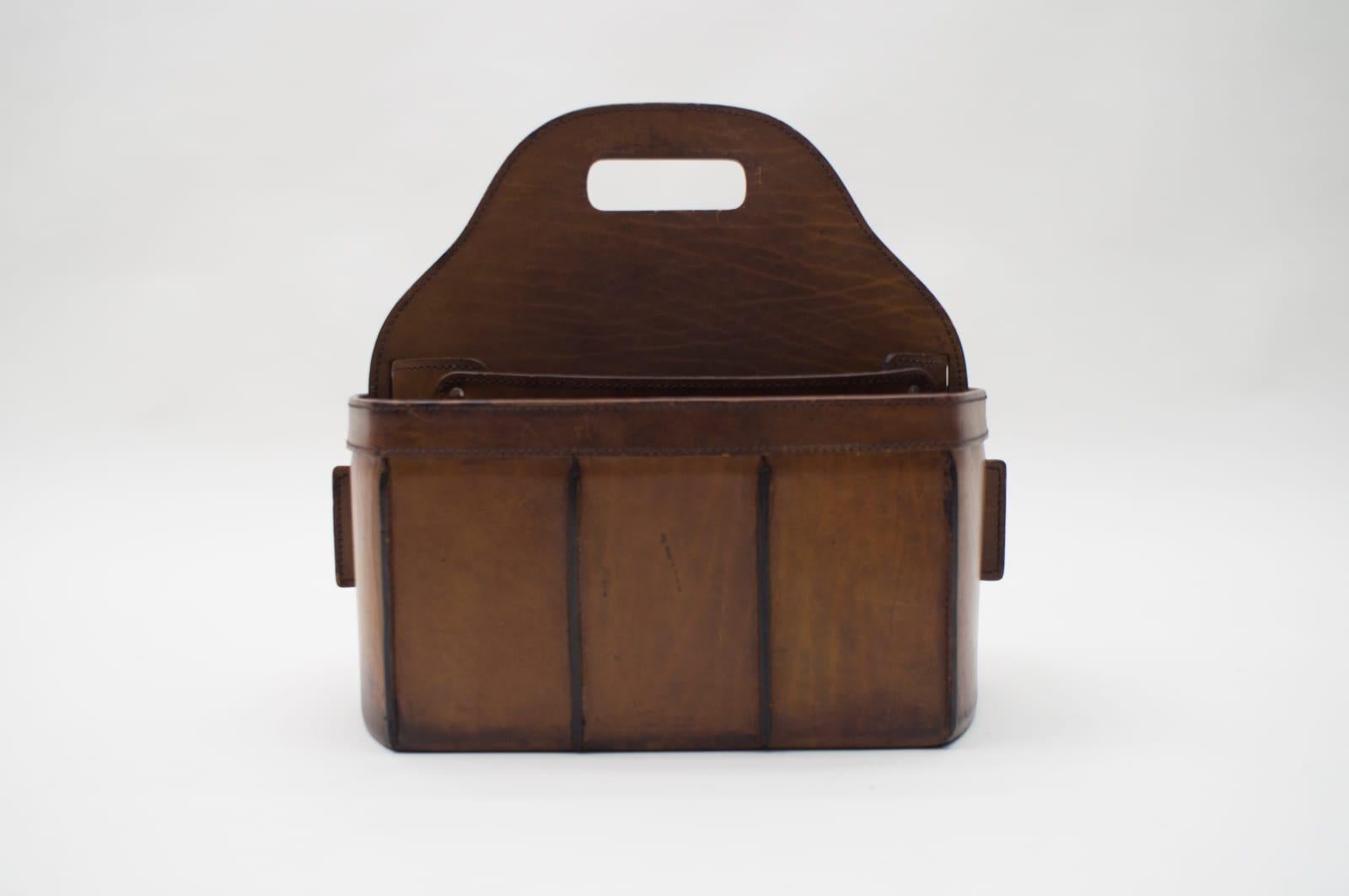 French Provincial French Neck Leather Magazine Holder in the Style of Jacques Adnet, 1960s For Sale