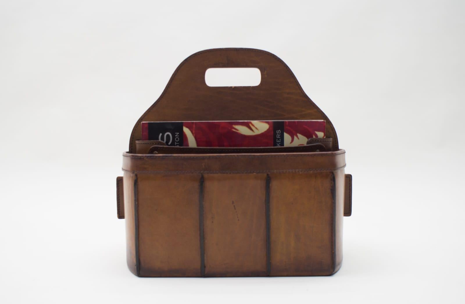 Hand-Crafted French Neck Leather Magazine Holder in the Style of Jacques Adnet, 1960s For Sale