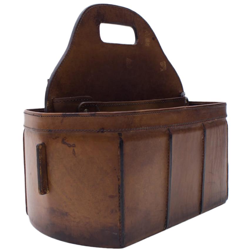 French Neck Leather Magazine Holder in the Style of Jacques Adnet, 1960s For Sale