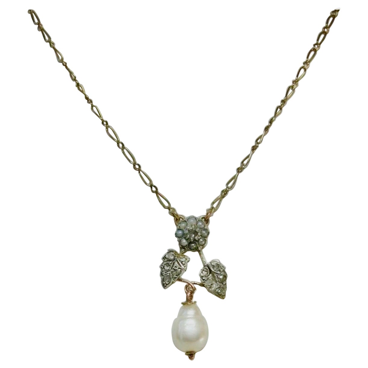 French Necklace Rose Diamond 18K Gold Pearl Napoleon III Belle Epoque Wedding For Sale