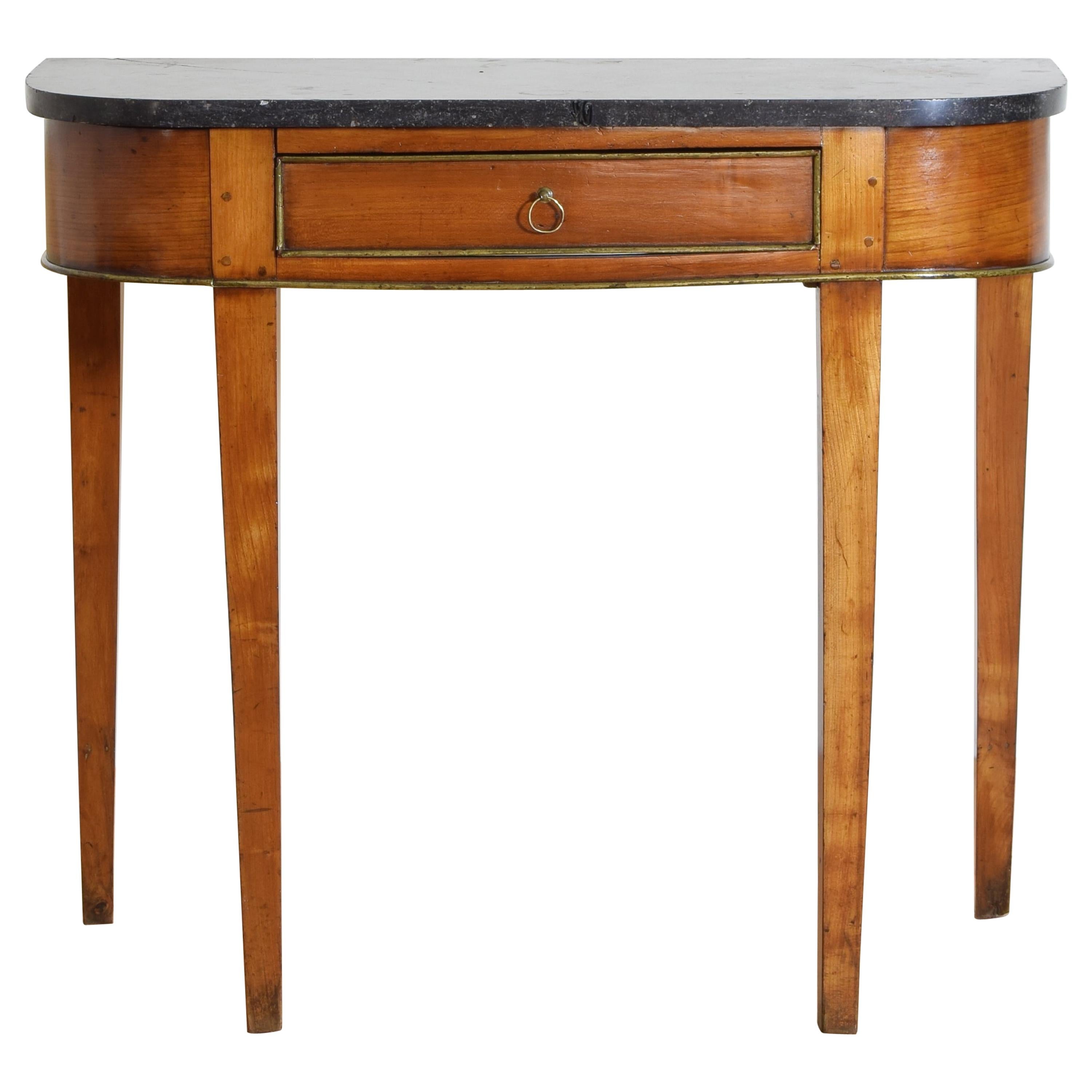 French Neoclassic Walnut, Brass, and Marble 1-Drawer Console Table, 19th Century