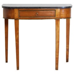 Antique French Neoclassic Walnut, Brass, and Marble 1-Drawer Console Table, 19th Century