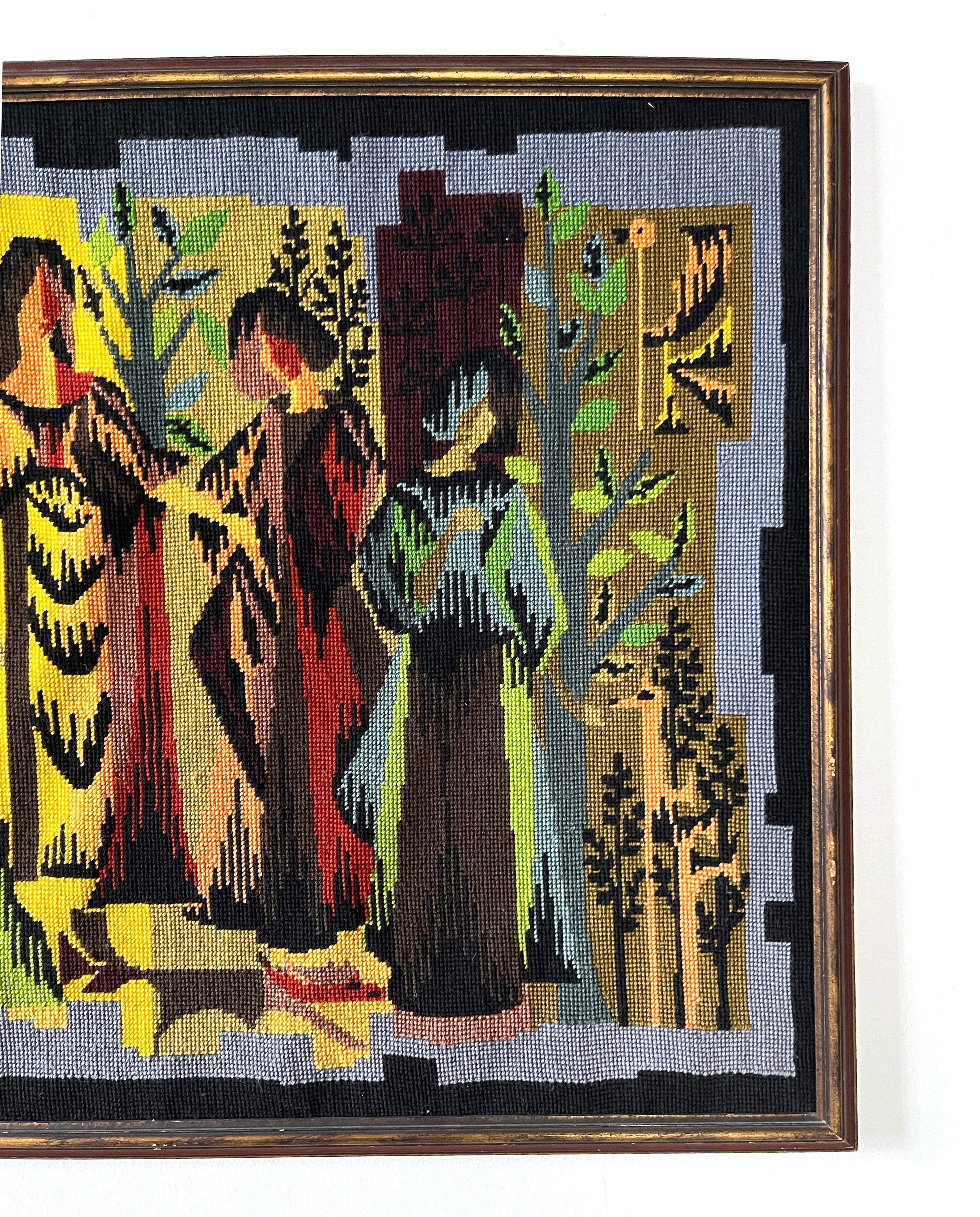 Mid-Century Modern French Needlepoint of Four Seasons (Les Quatre Saisons), Framed 1970s Tapestry For Sale