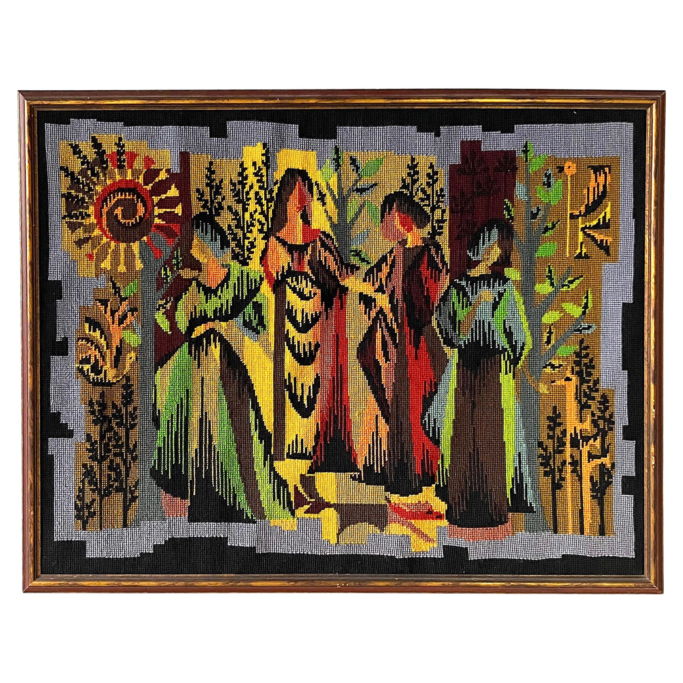 French Needlepoint of Four Seasons (Les Quatre Saisons), Framed 1970s Tapestry For Sale