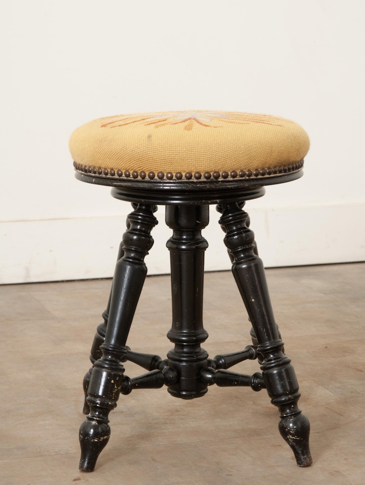 Hand-Crafted French Needlepoint Piano Stool