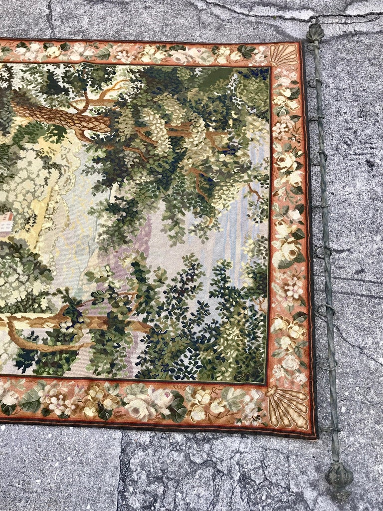 French Needlepoint Scenic Tapestry with Iron Rod For Sale at 1stDibs