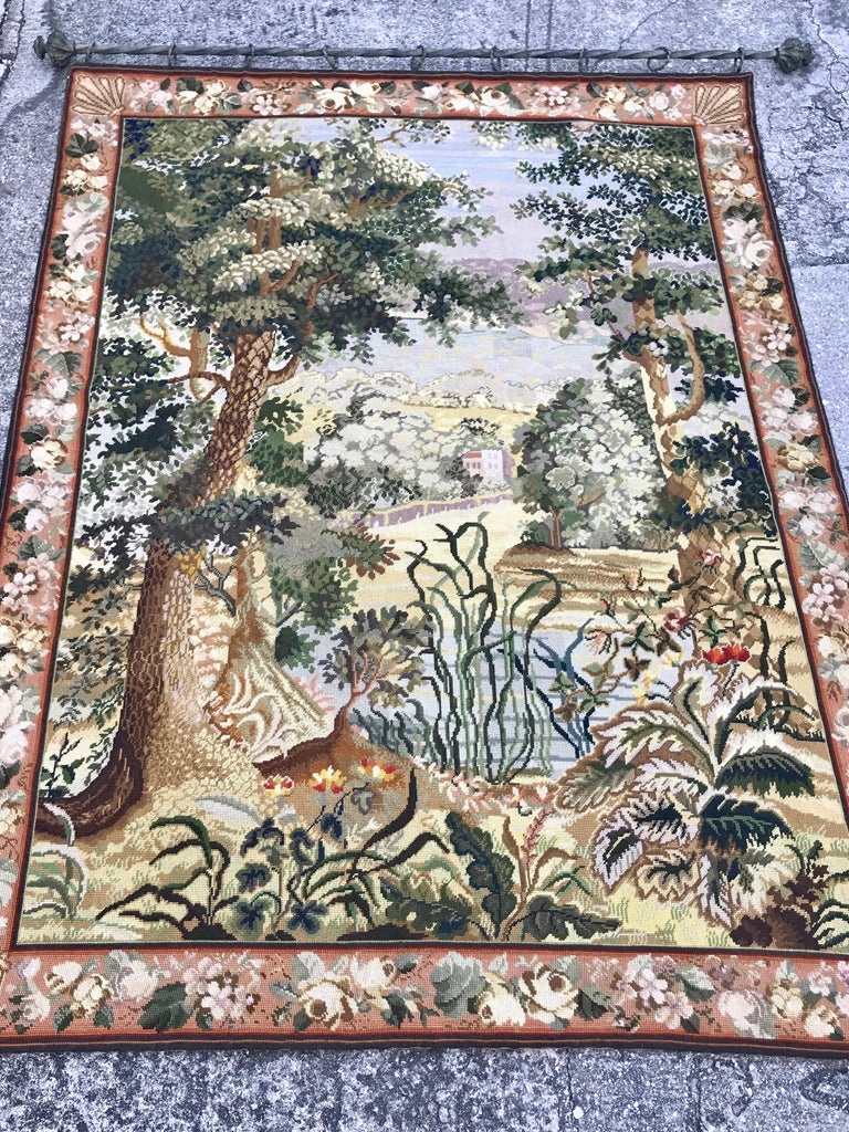 French Needlepoint Scenic Tapestry with Iron Rod For Sale at 1stDibs