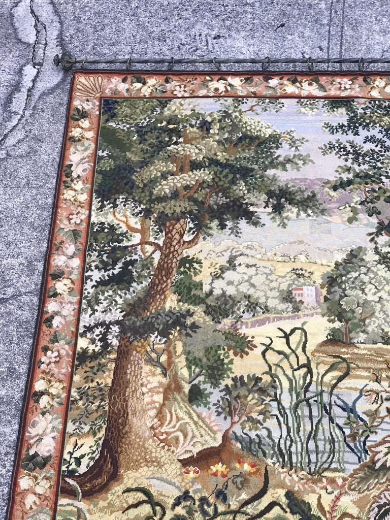 French Needlepoint Scenic Tapestry with Iron Rod For Sale at 1stDibs