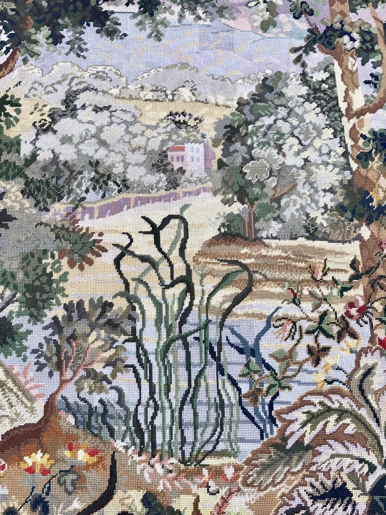French Needlepoint Scenic Tapestry with Iron Rod For Sale at 1stDibs