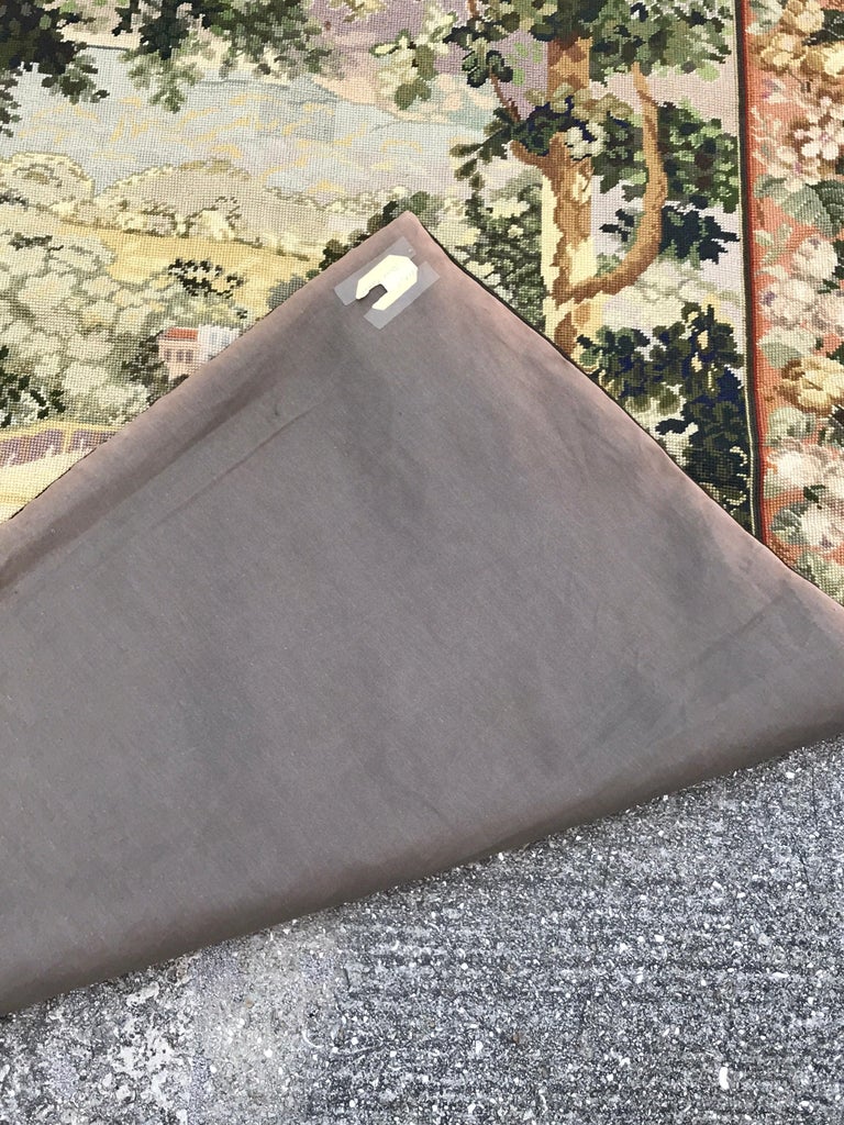 French Needlepoint Scenic Tapestry with Iron Rod For Sale at 1stDibs