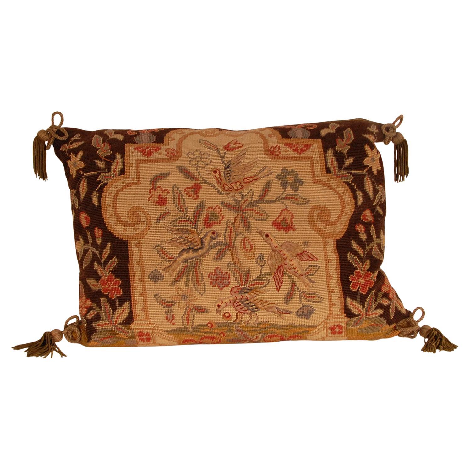 French Needlepoint Throw Cushion Animals Pillow Metallic Thread Cannetille Gold