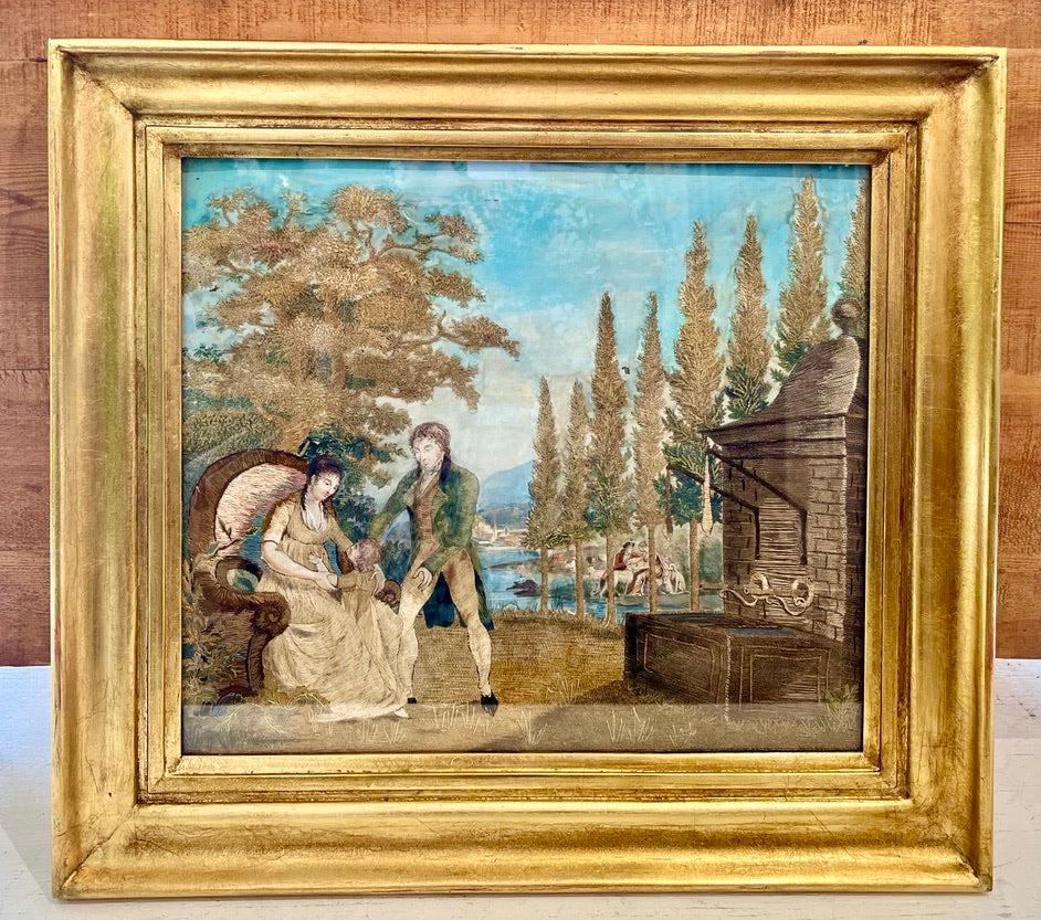Très belle peinture à l'aiguille et à l'aquarelle sur soie du début du 19e siècle à la fin du 18e siècle, dans un cadre doré exceptionnel.  Trouvé à Nice, France. 