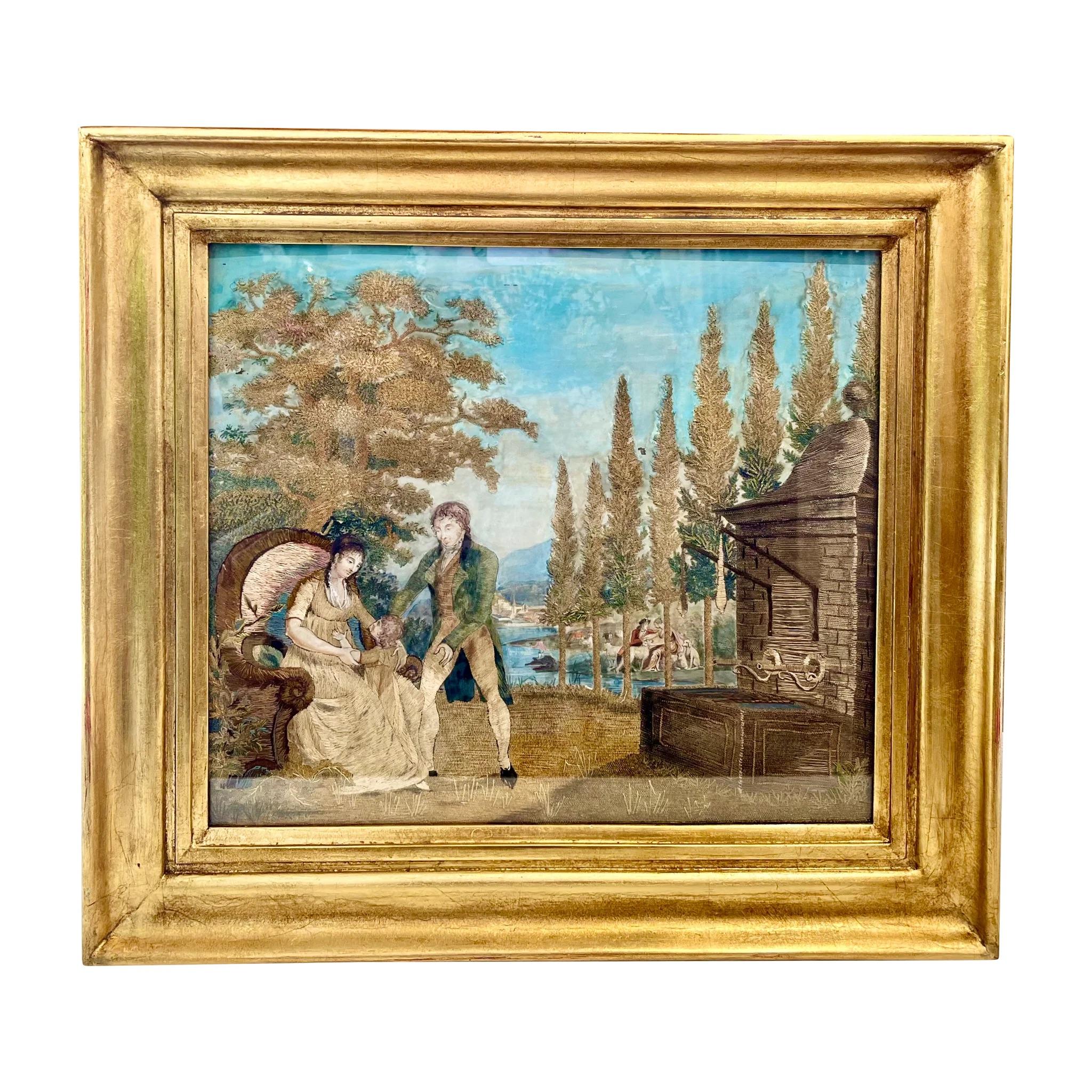 Soie Peinture française à l'aiguille et à l'aquarelle, encadrée en vente