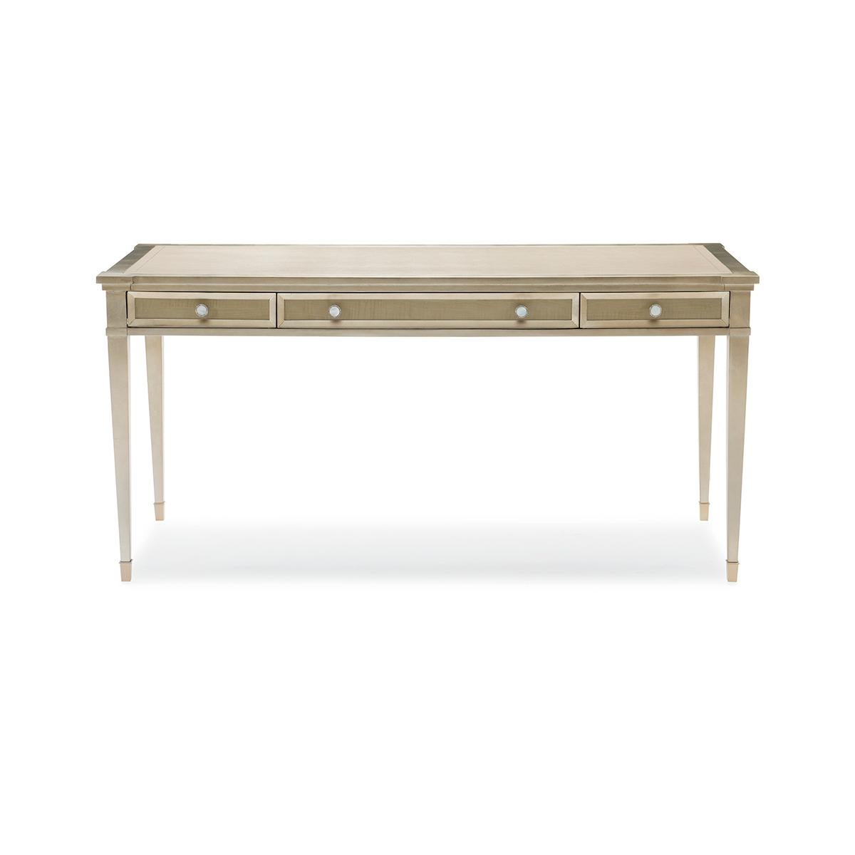 French neo classic inspired modern desk, enjoy your workspace as never before with this exquisite desk crafted of Fumed Figured Tiger Maple. The desktop is distinguished by an inset work surface with a delicate silkscreen pattern. A palette of