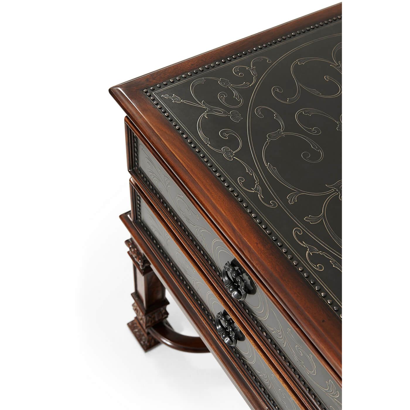A French neo classic mahogany and poplar burl bedside chest with etched brass panel decoration, the square top above two drawers and side carrying handles, on carved and square panelled legs.

Dimensions: 24