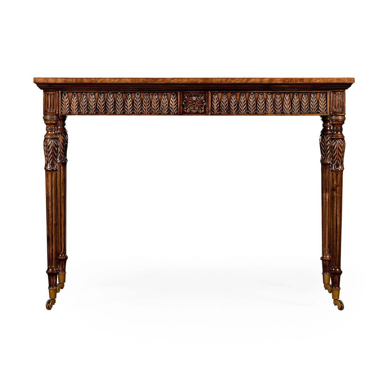 A fine French neoclassic carved and inlaid top writing table. With a beautifully inlaid parquetry banded top, finely carved palmettes motifs to sides, acanthus carved and wrapped turned, tapered and fluted legs with brass capitals and brass casters.