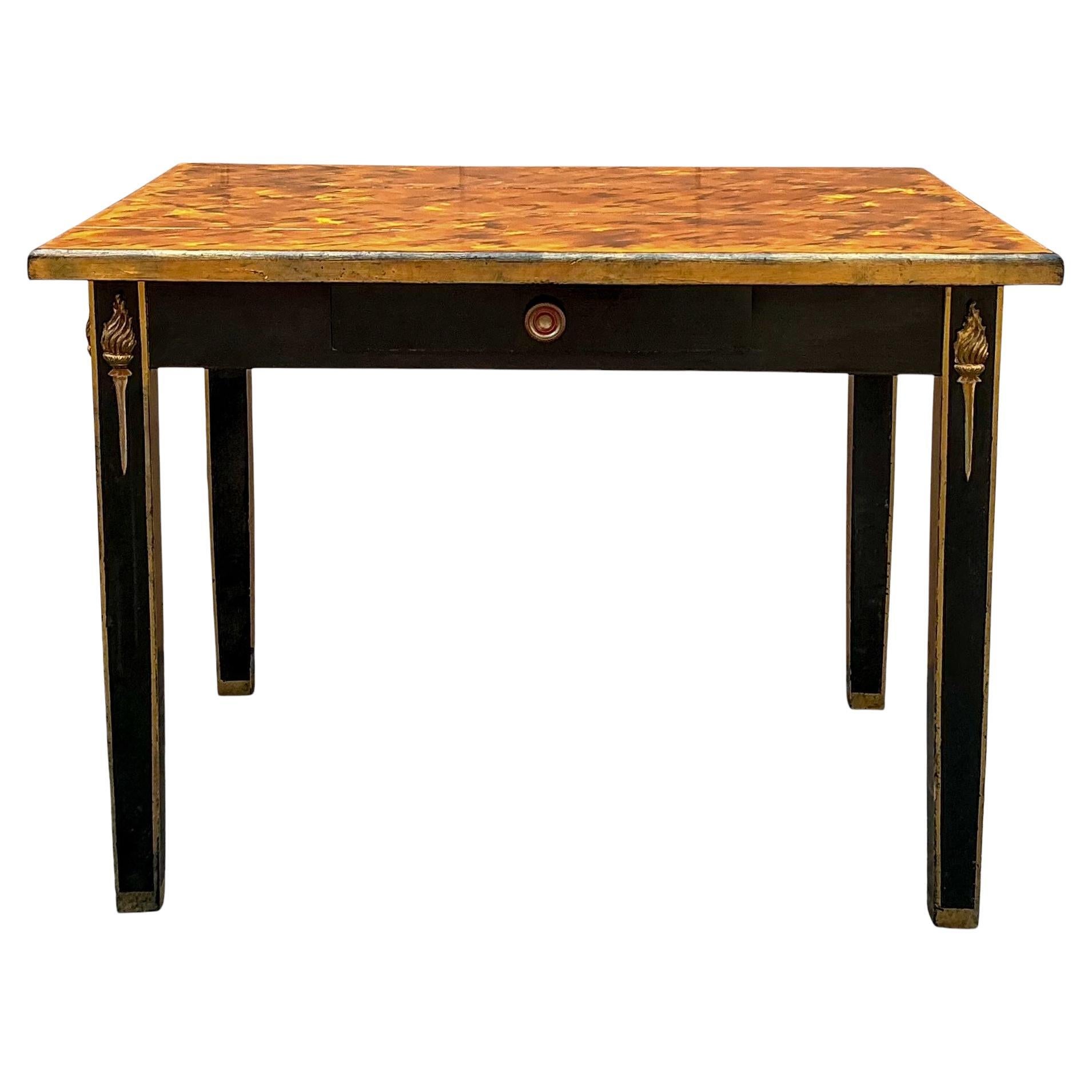 French Neo-Classical Black Lacquer & Faux Tortoise Painted Table / Desk / Center