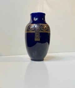 French Neo-Classical Cobalt Blue Majolica Vase by Sarreguemines, 1920s