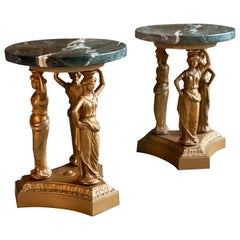 Retro French Neoclassical Gilded and Marble Topped Side Tables or Plant Stands