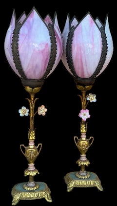 French Neo-classical Gilt Bronze Vanity Table Lamps W/ Slag Glass Shades - Pair