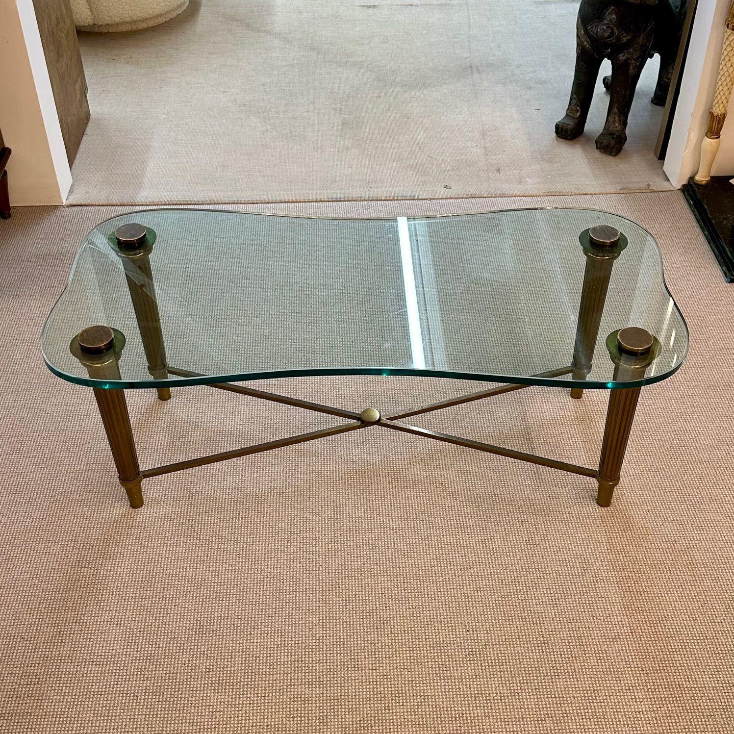 Hollywood Regency French Neo-Classical Glass Top Coffee Table, Mid-Century Modern PE Guerin Style For Sale