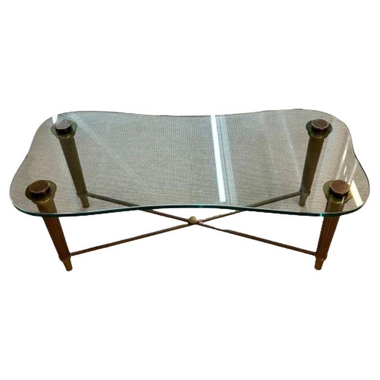 Table basse néoclassique française avec plateau en verre, style PE Guerin, mi-siècle moderne en vente